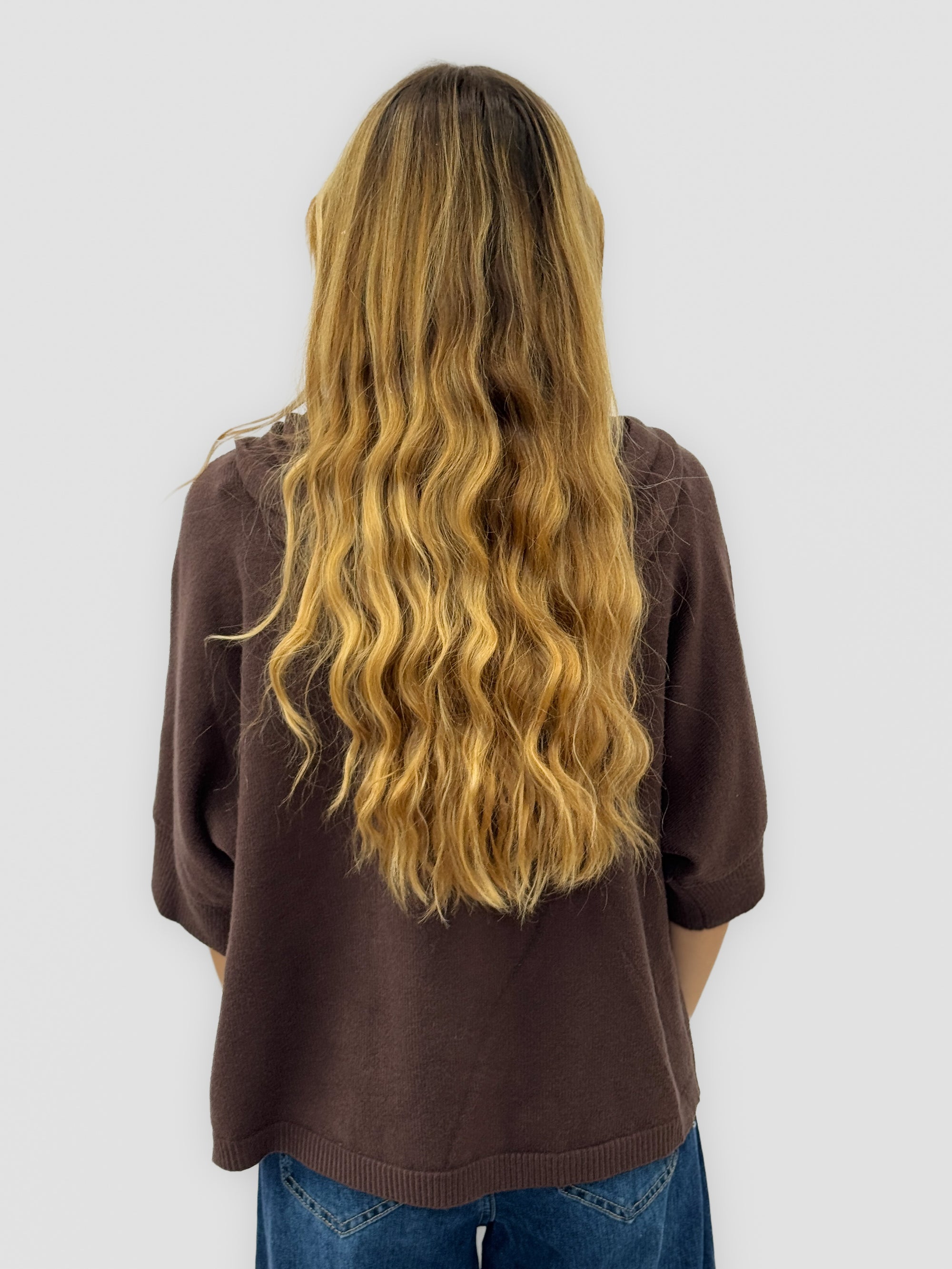 Cardigan donna con cappuccio, zip e fondo asimmetrico