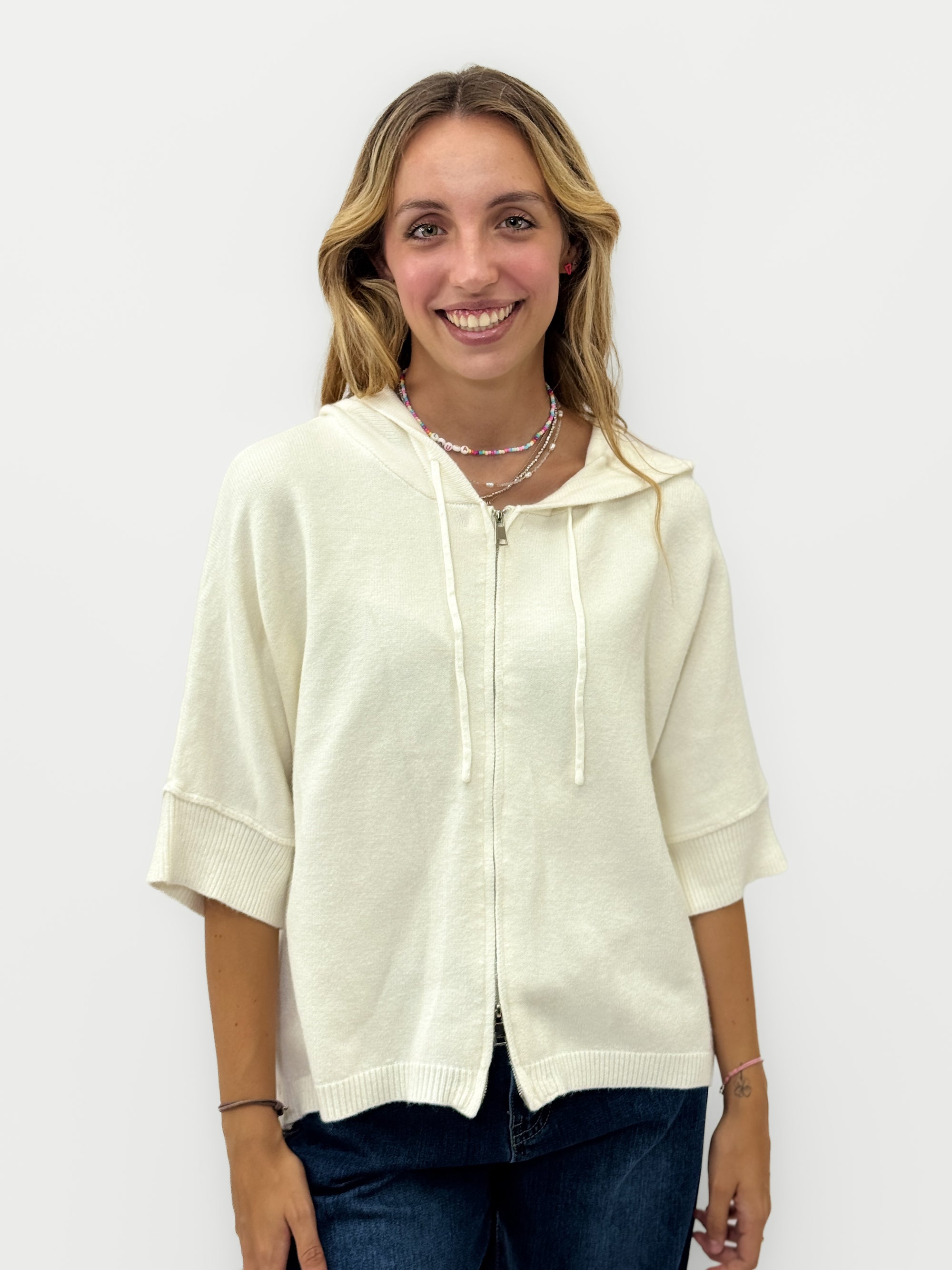 Cardigan donna con cappuccio, zip e fondo asimmetrico