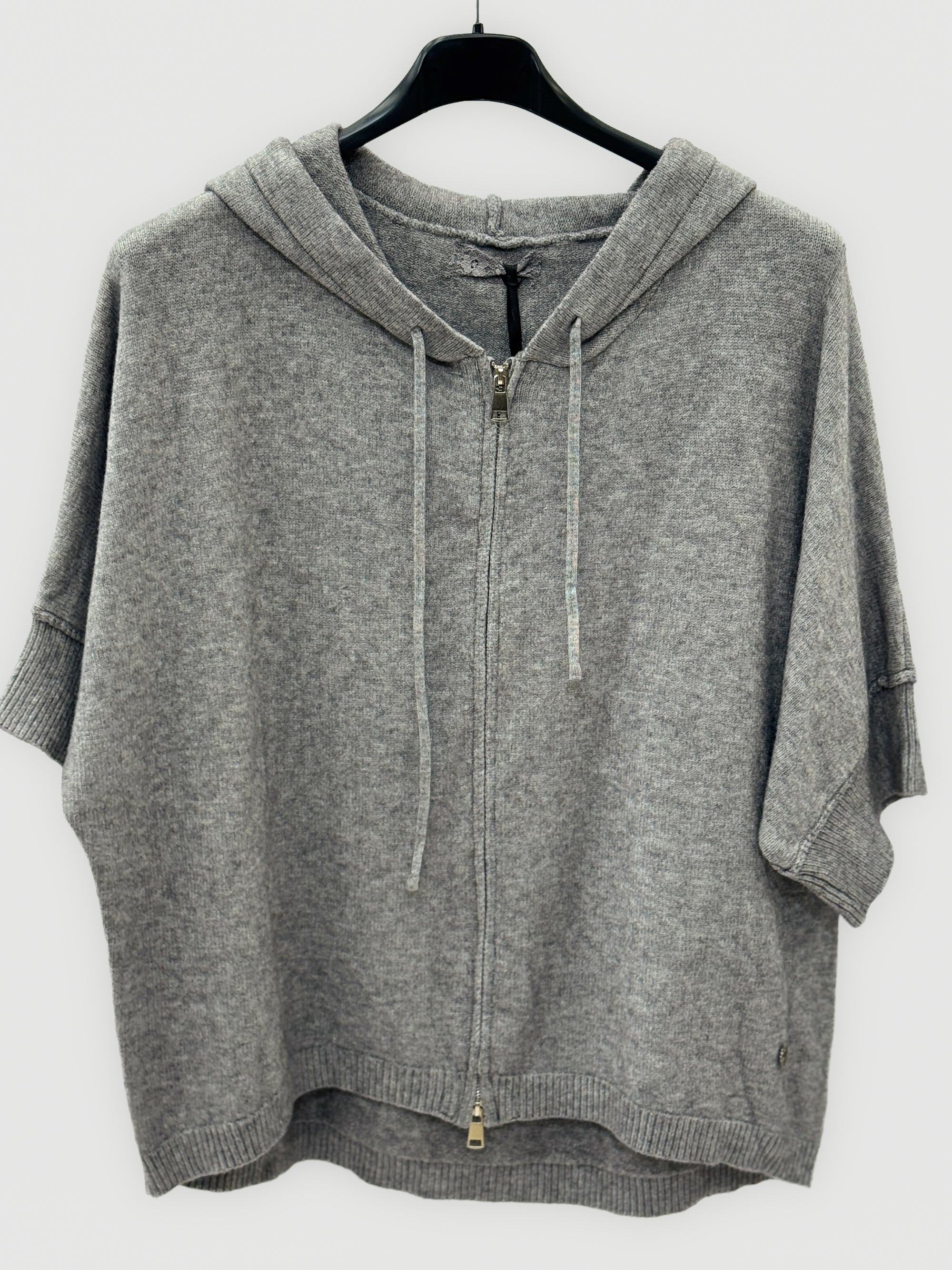 Cardigan donna con cappuccio, zip e fondo asimmetrico
