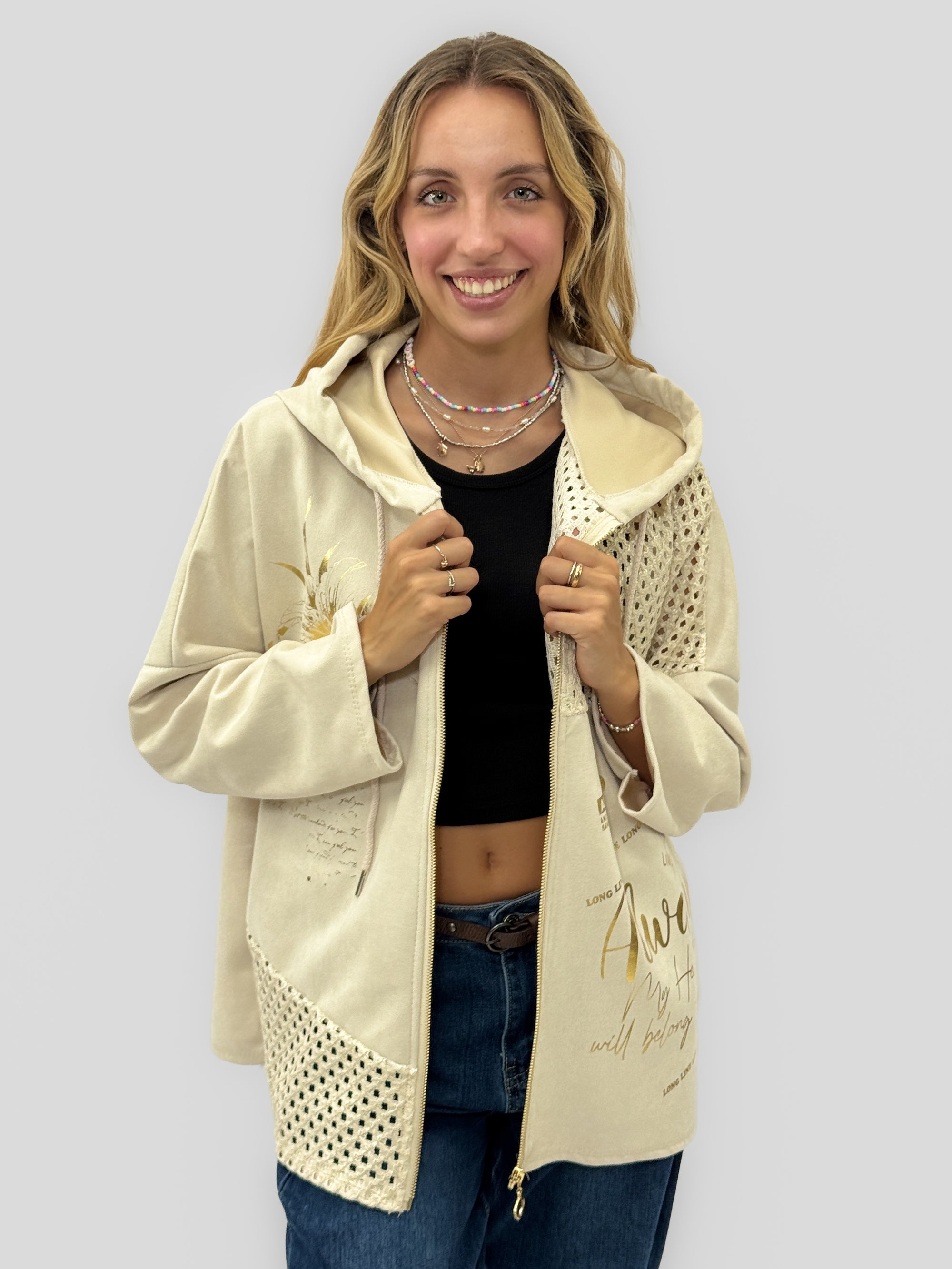 Cardigan lungo con cappuccio e inserti traforati