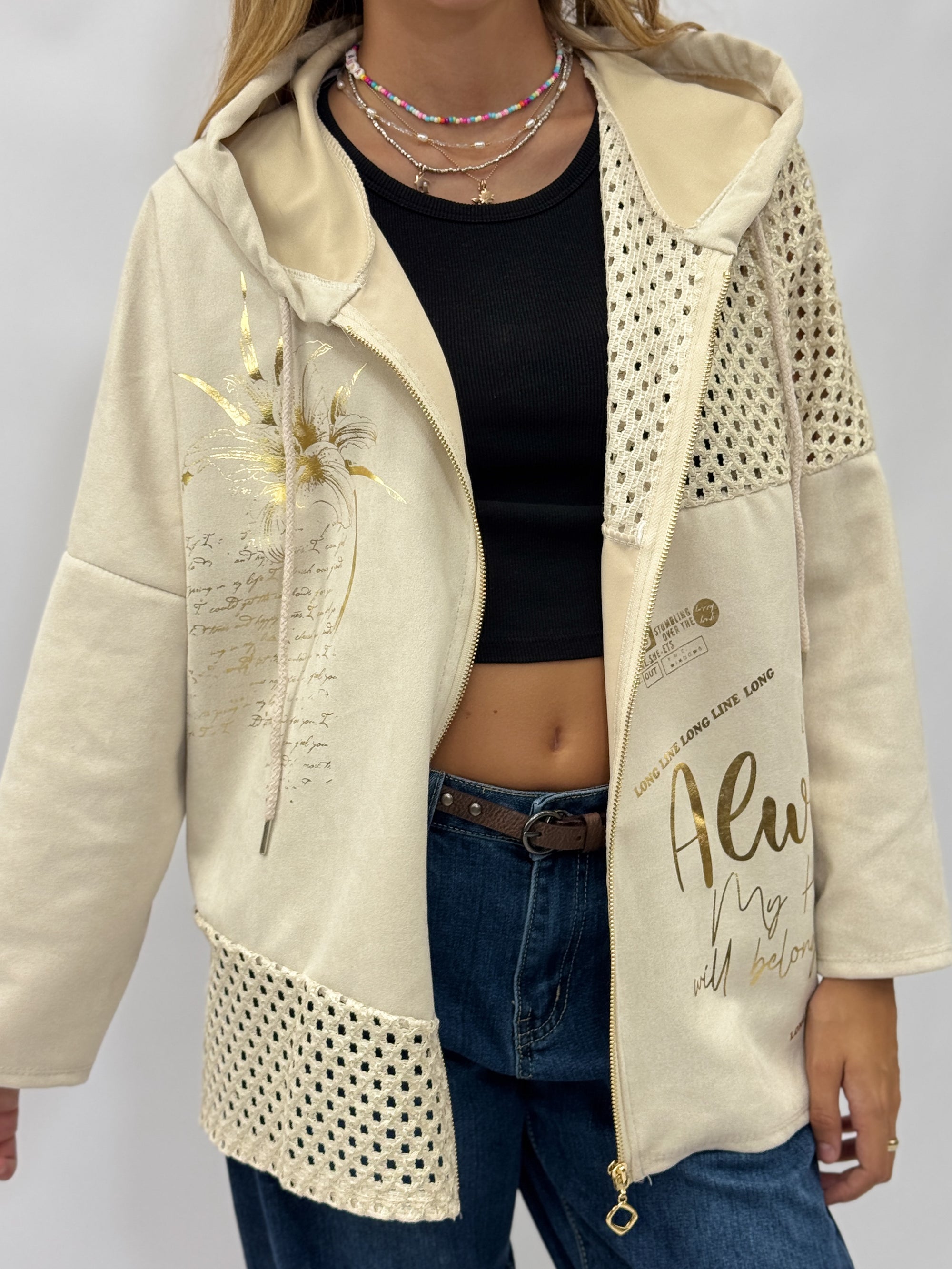 Cardigan lungo con cappuccio e inserti traforati