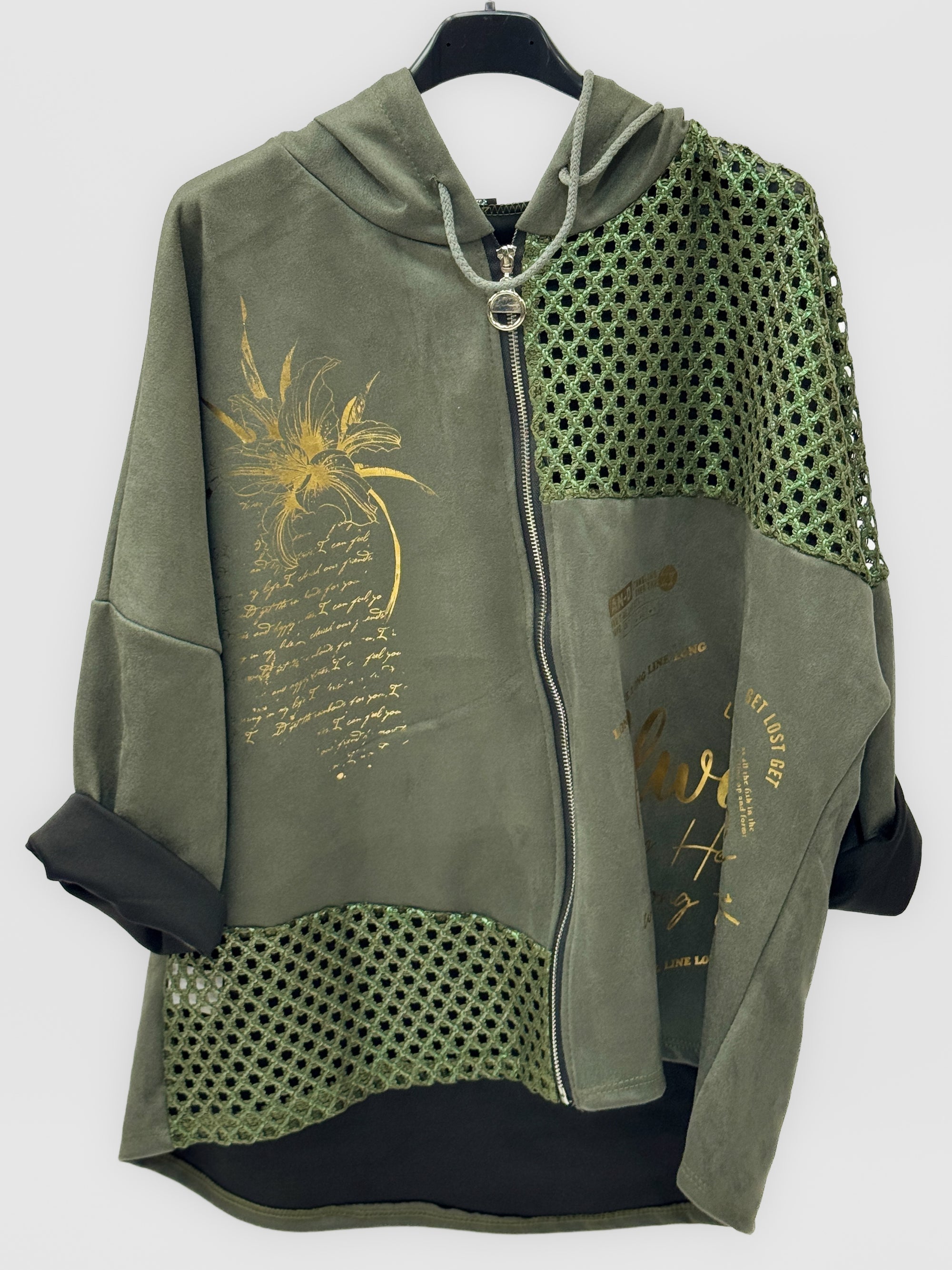 Cardigan lungo con cappuccio e inserti traforati