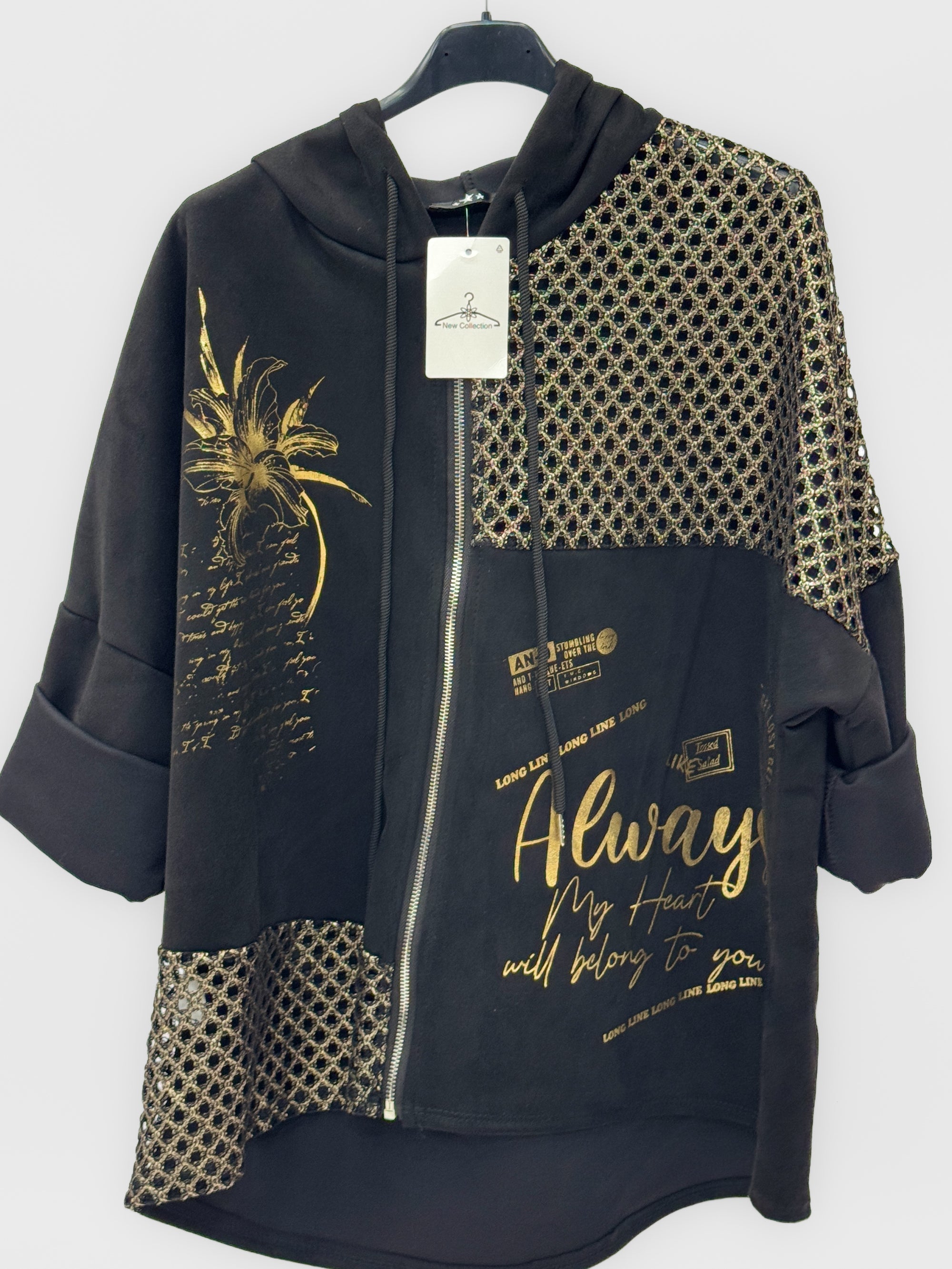 Cardigan lungo con cappuccio e inserti traforati