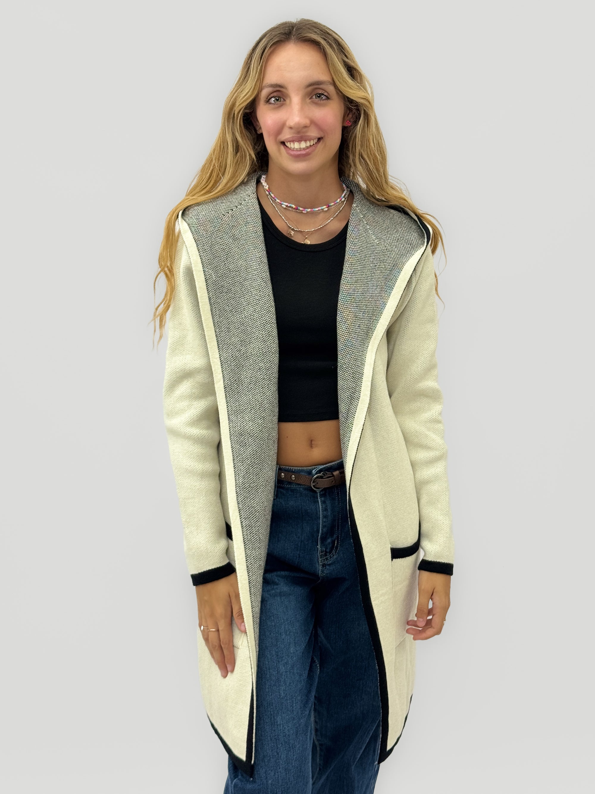 Cardigan lungo donna con cappuccio e profili a contrasto