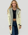 Cardigan lungo donna con cappuccio e profili a contrasto