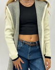 Cardigan lungo donna con cappuccio e profili a contrasto