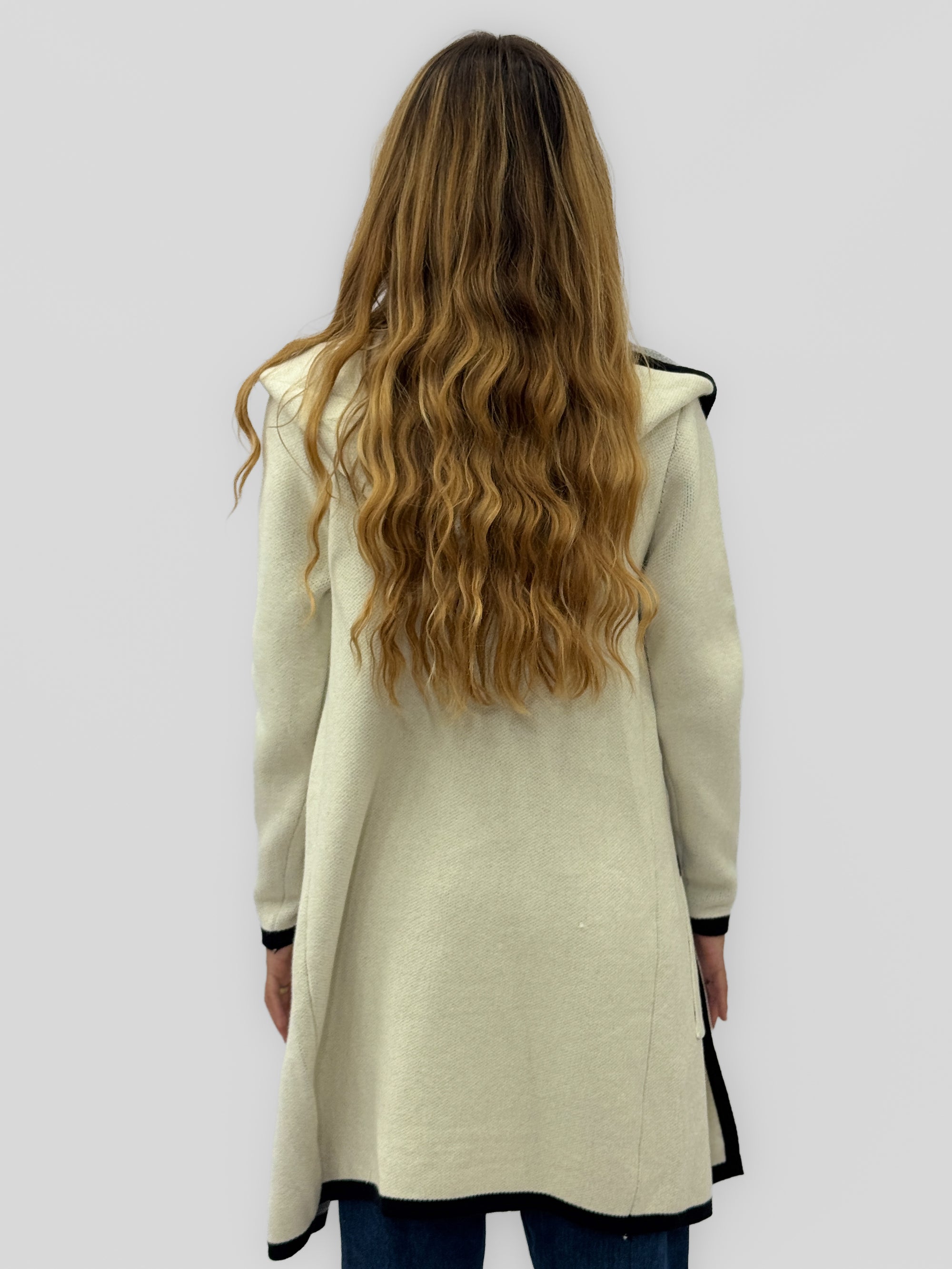 Cardigan lungo donna con cappuccio e profili a contrasto