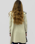 Cardigan lungo donna con cappuccio e profili a contrasto