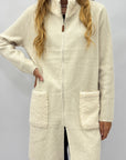 Cardigan lungo donna con zip e dettagli bouclé