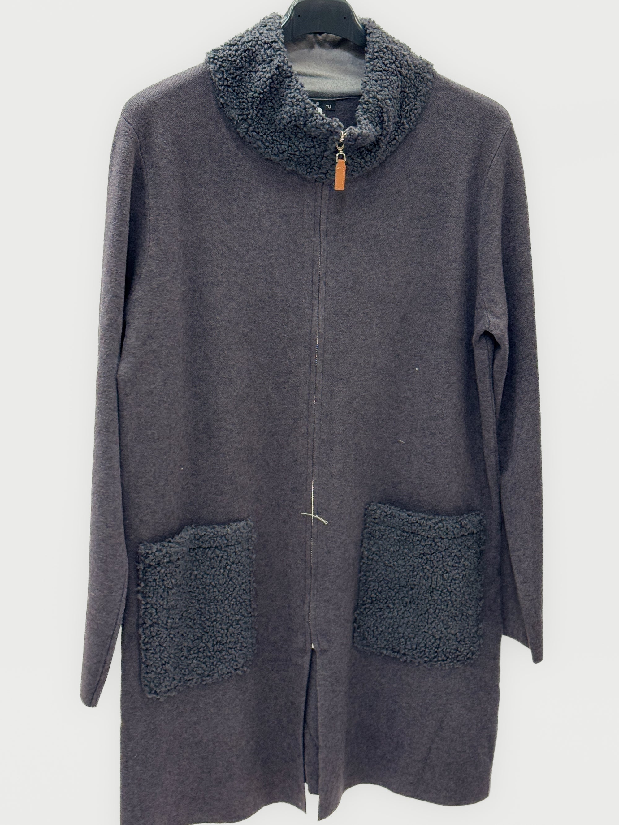 Cardigan lungo donna con zip e dettagli bouclé