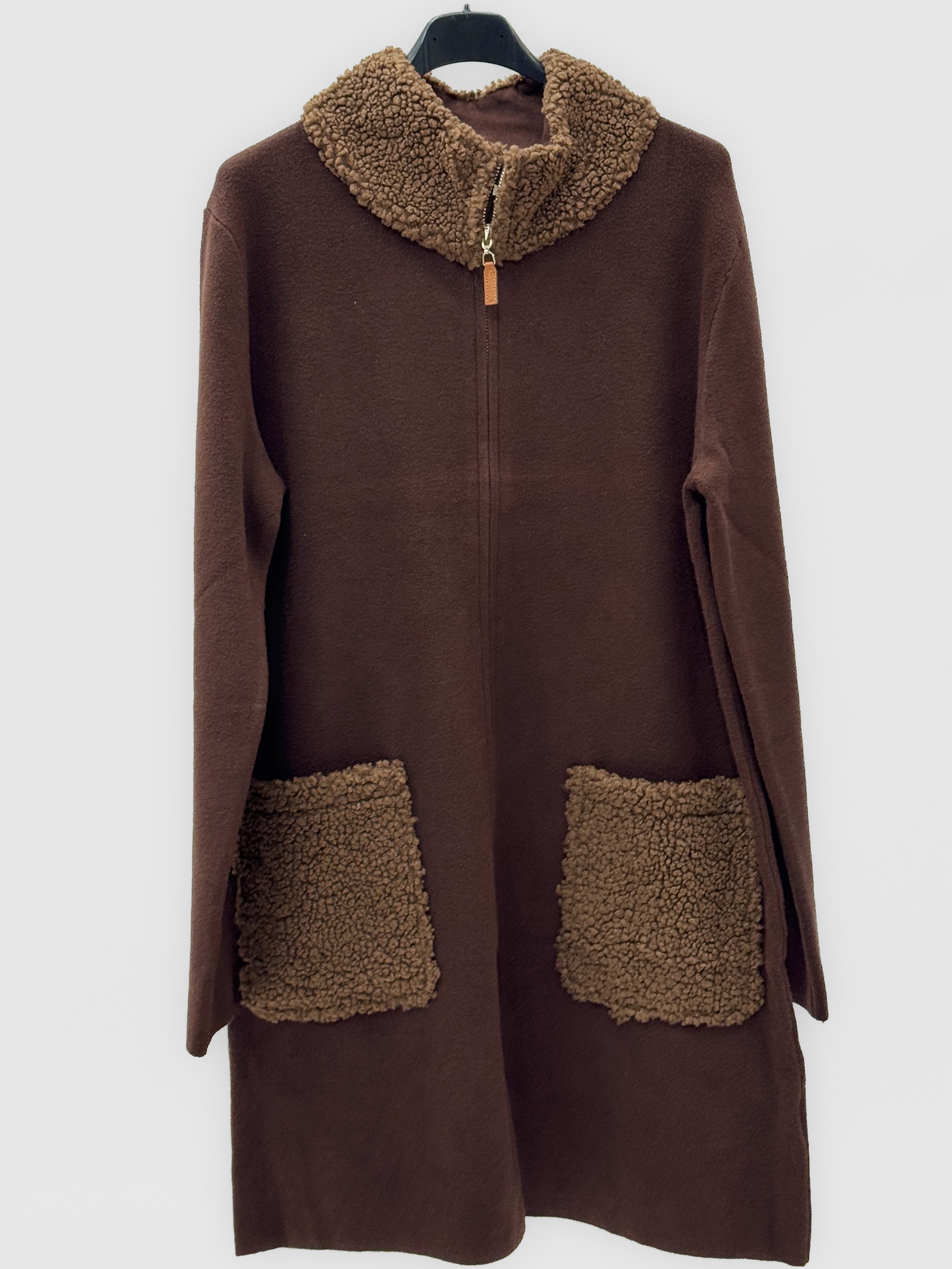 Cardigan lungo donna con zip e dettagli bouclé