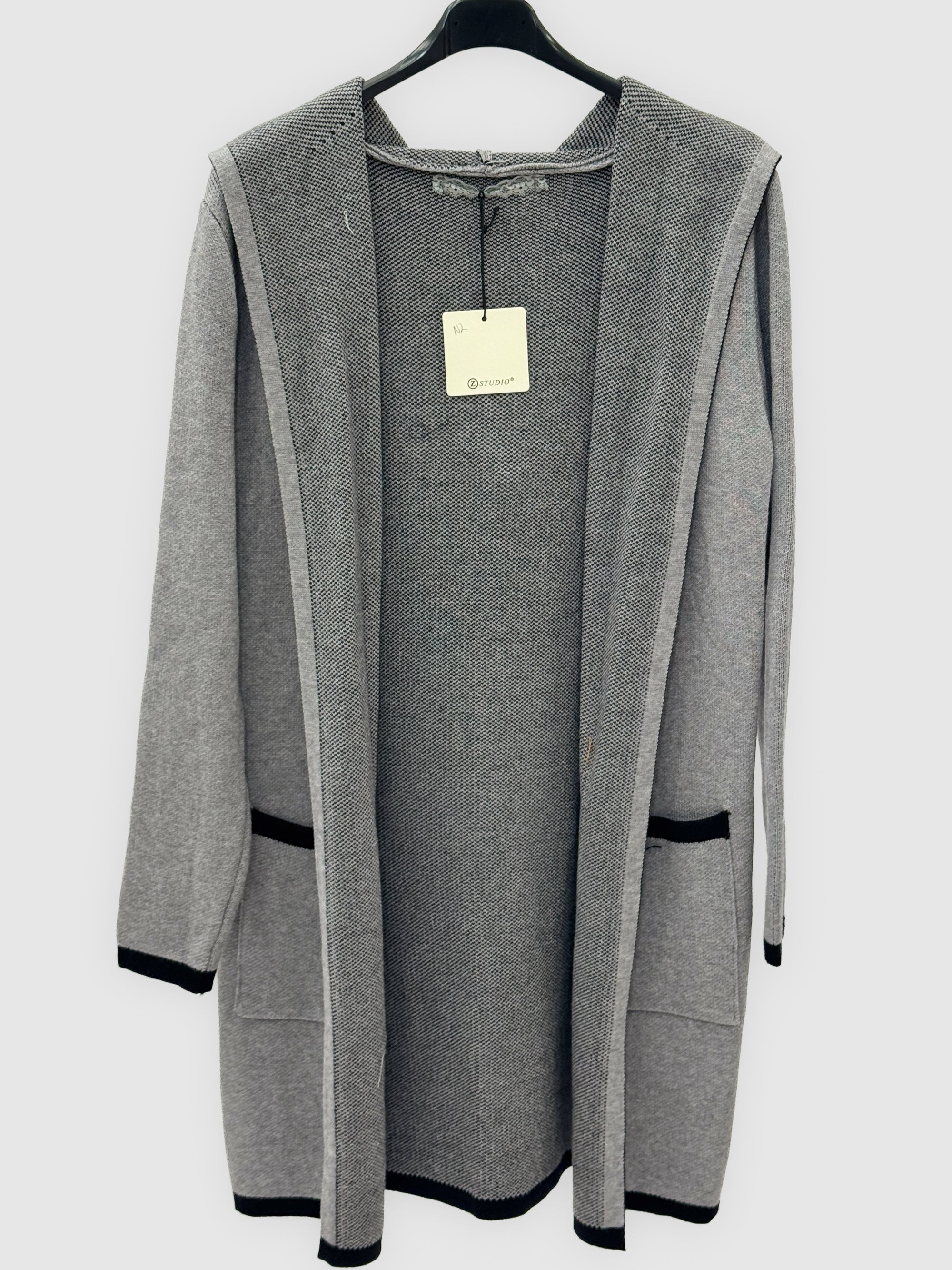 Cardigan lungo donna con cappuccio e profili a contrasto