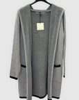 Cardigan lungo donna con cappuccio e profili a contrasto