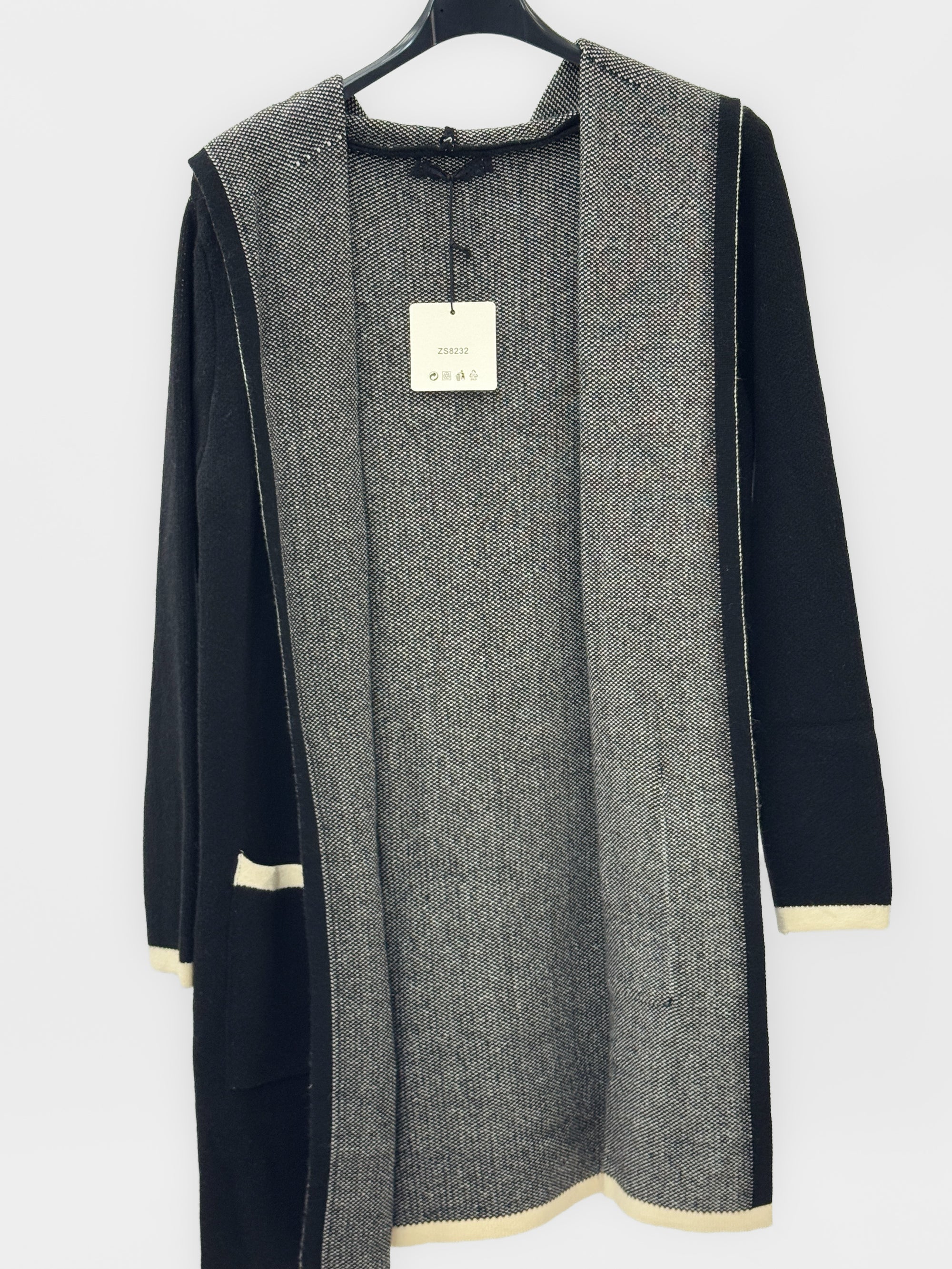 Cardigan lungo donna con cappuccio e profili a contrasto