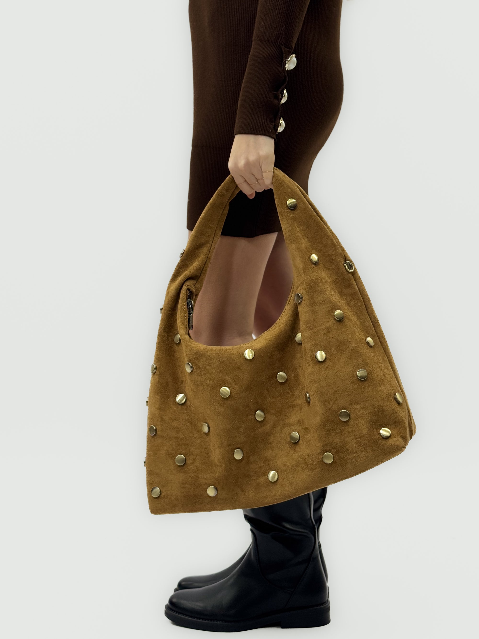 Borsa in ecopelle scamosciata con borchie glamour