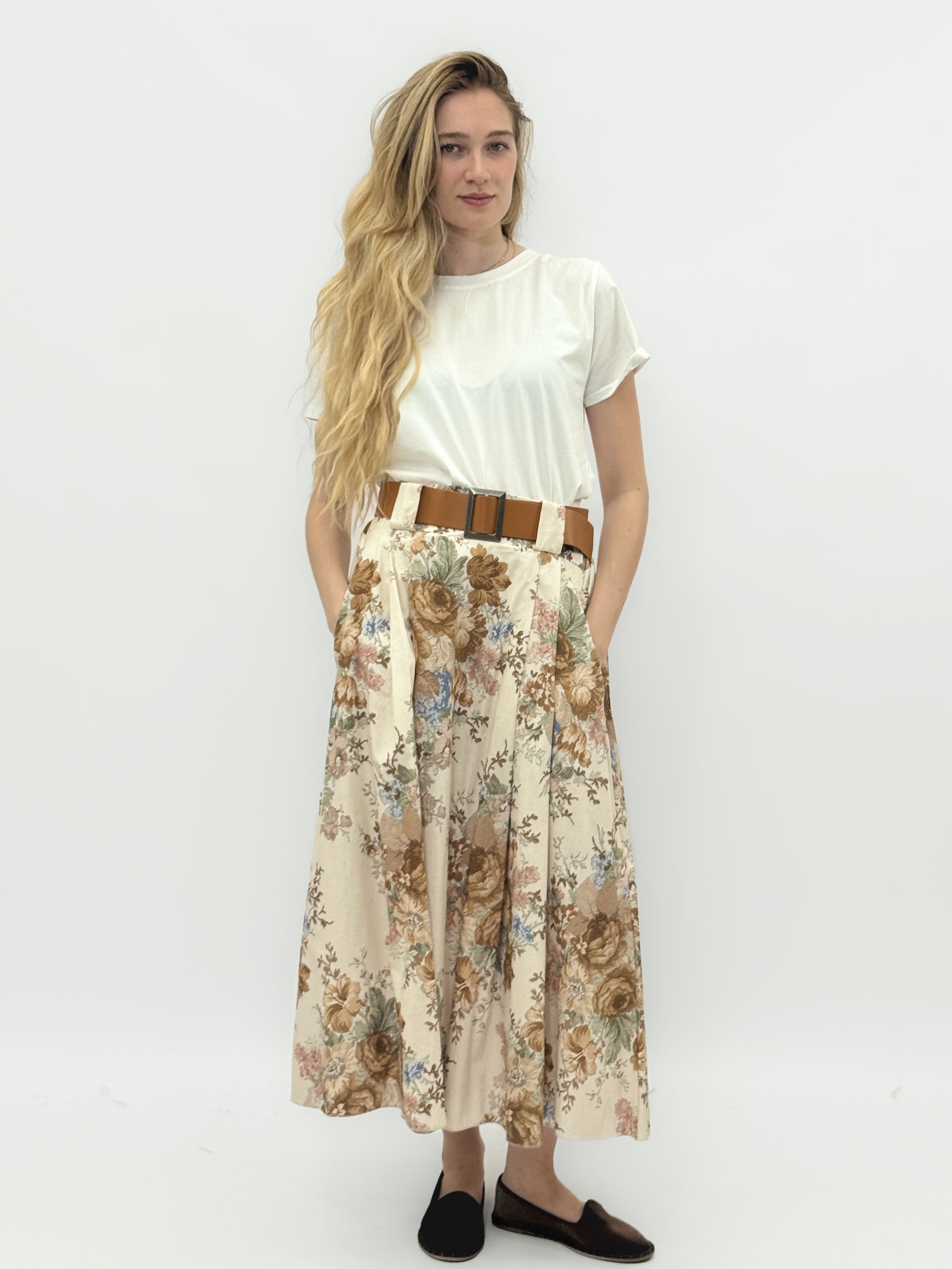 Gonna midi in cotone fantasia floreale con cintura