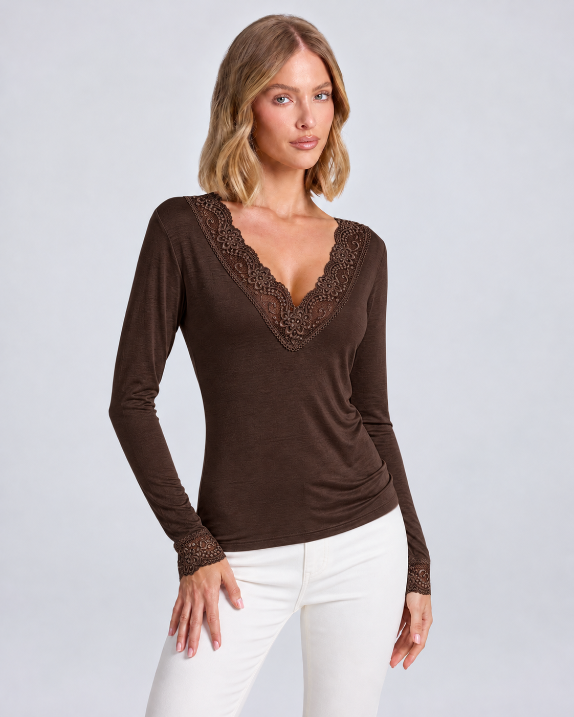 Maglia Scollo a V con Cashmere e Pizzo