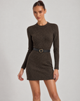 Abito donna in maglia a coste lurex marrone con cintura nera e fibbia tonda dorata, Polly 6, foto 2