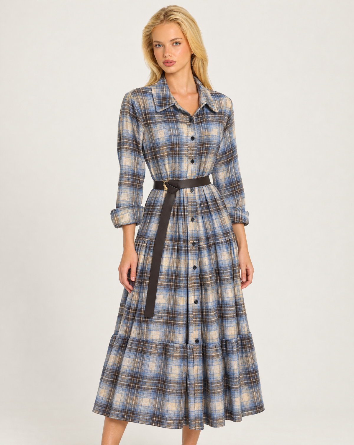 Abito chemisier lungo a quadri con cintura Azzurro, Polly 7 - dettaglio busto e cintura