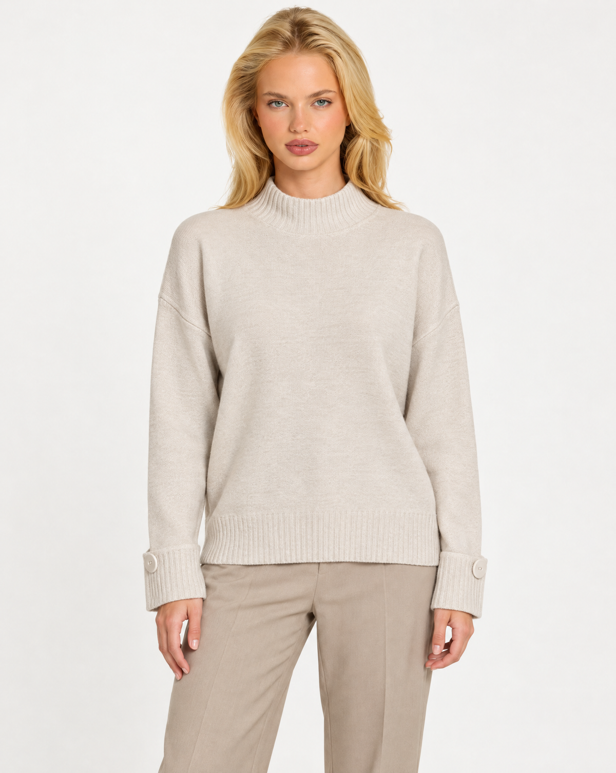 Maglia donna collo alto beige con bottoni sui polsini indossata da Polly 7, vista frontale