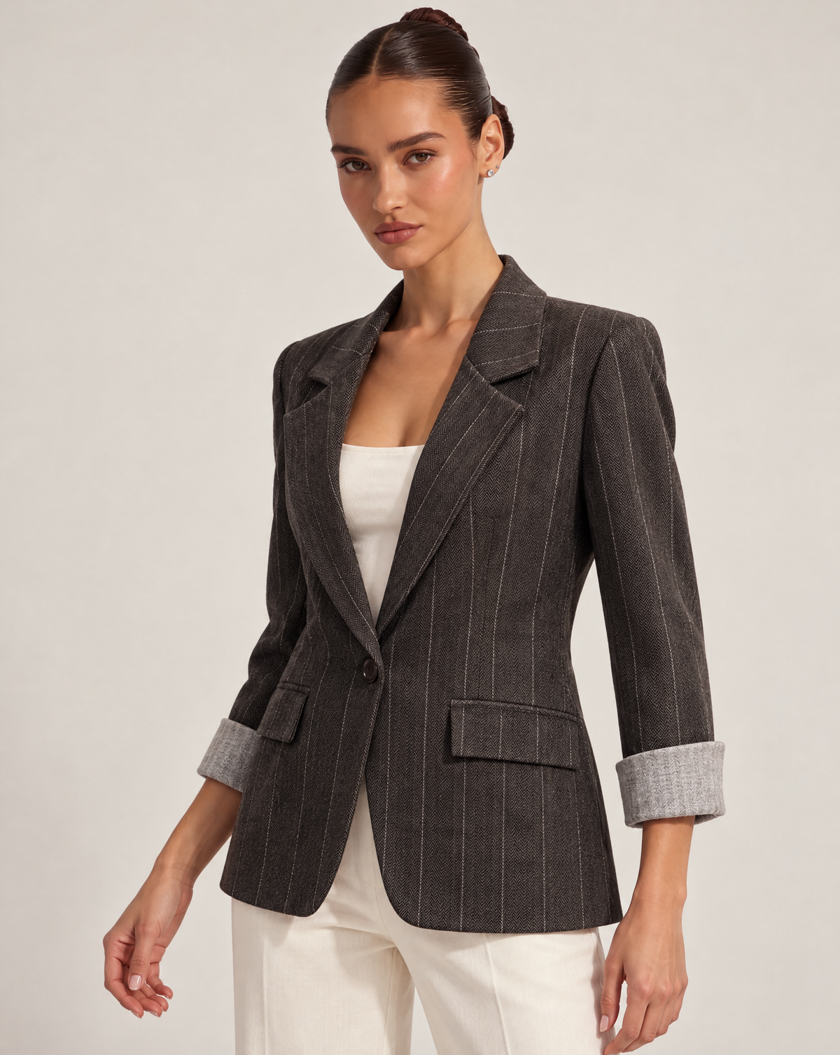 Blazer donna gessato marrone – Polly 6 – tre-quarti