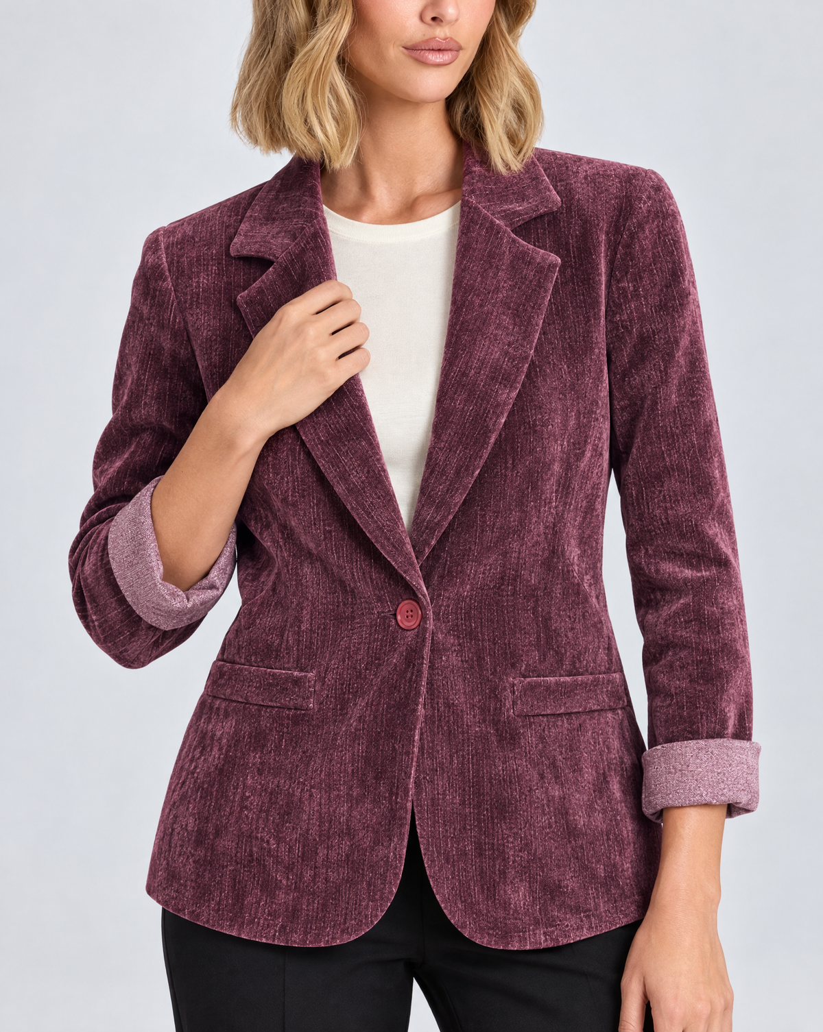 Blazer donna in ciniglia bordeaux indossato da Polly 5, dettaglio busto
