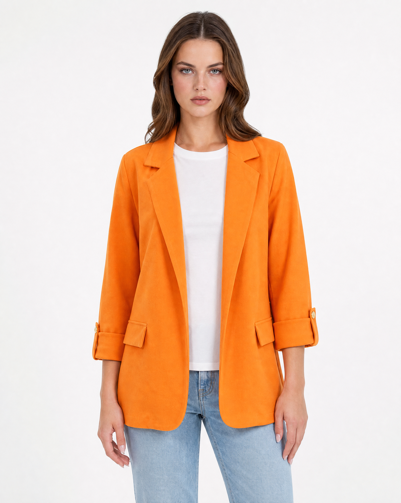 Blazer donna oversize con maniche 3/4 Arancione - vista frontale con Polly 2