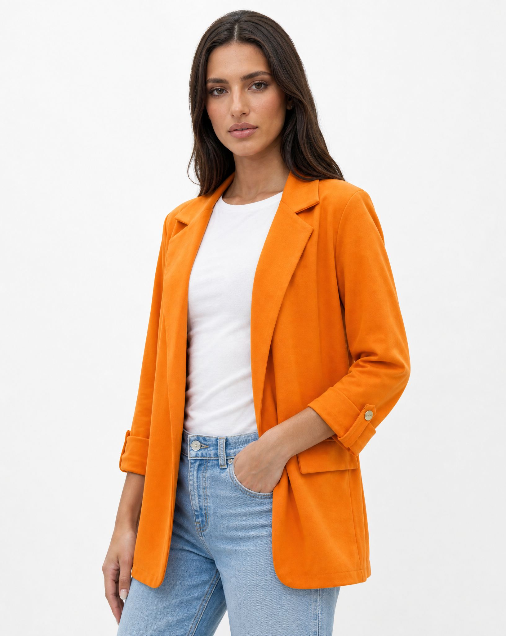 Blazer donna oversize con maniche 3/4 Arancione - vista tre quarti con Polly 2