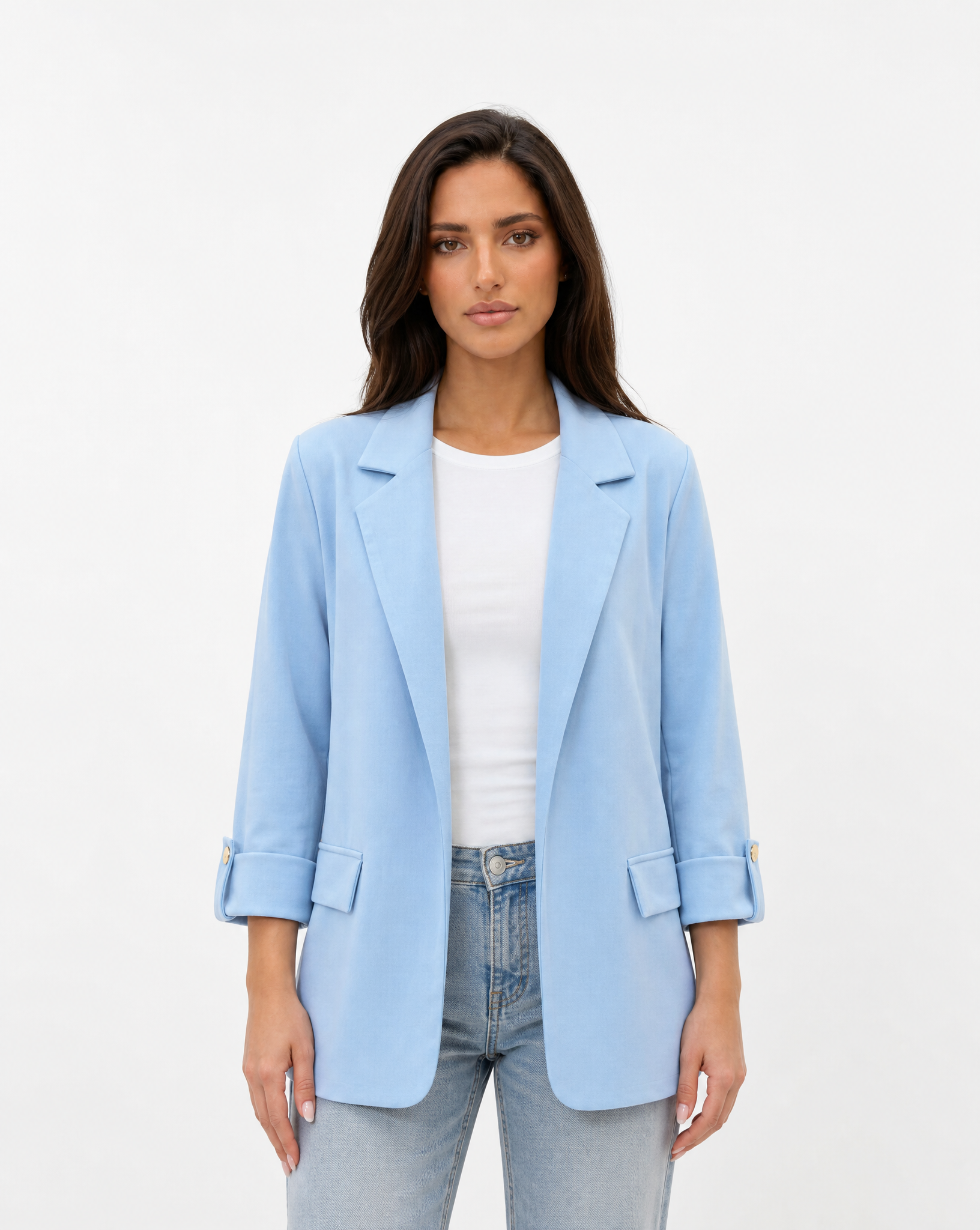 Blazer donna oversize con maniche 3/4 Azzurro - vista frontale con Polly 2