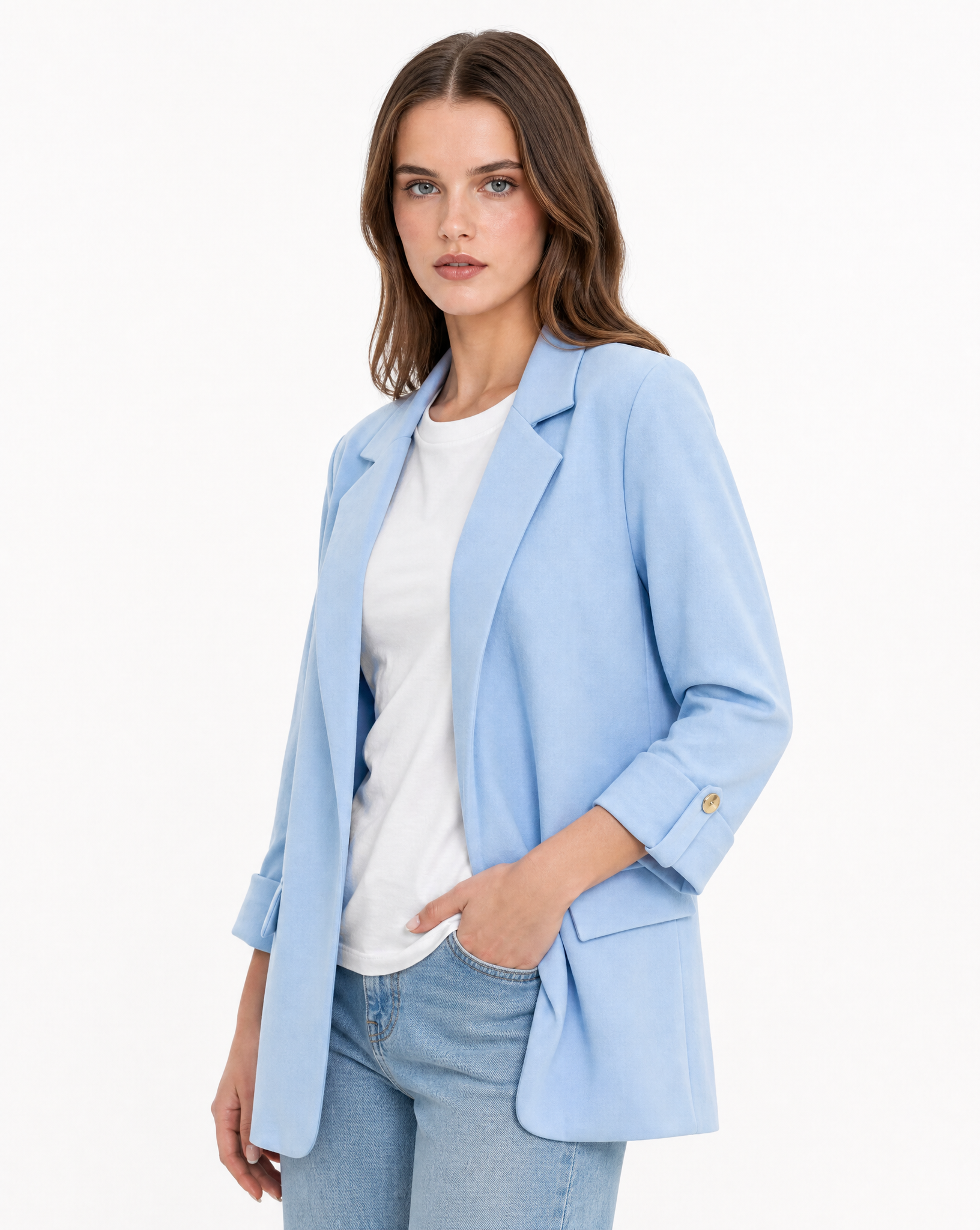 Blazer donna oversize con maniche 3/4 Azzurro - vista tre quarti con Polly 2