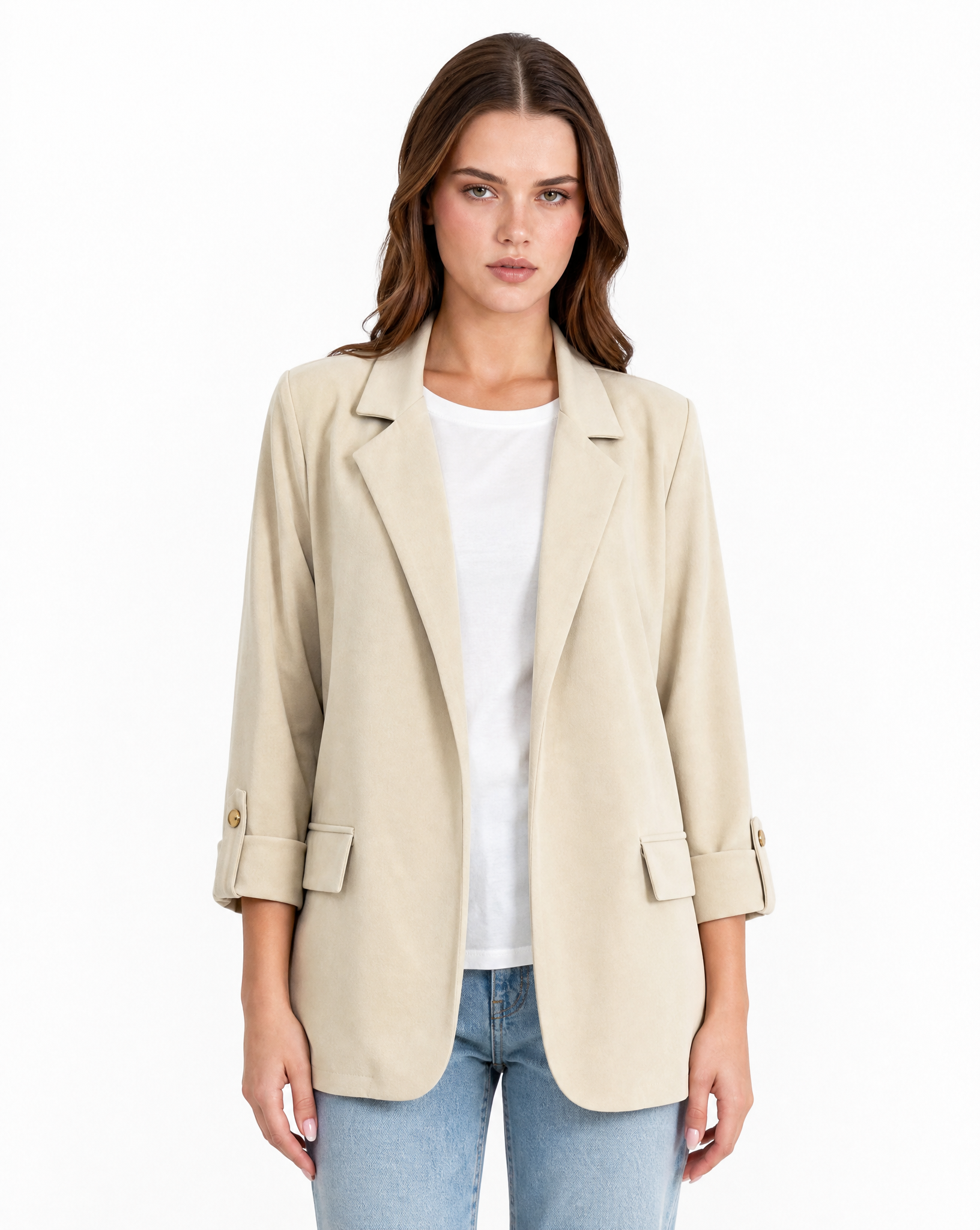 Blazer donna oversize con maniche 3/4 Beige - vista frontale con Polly 2