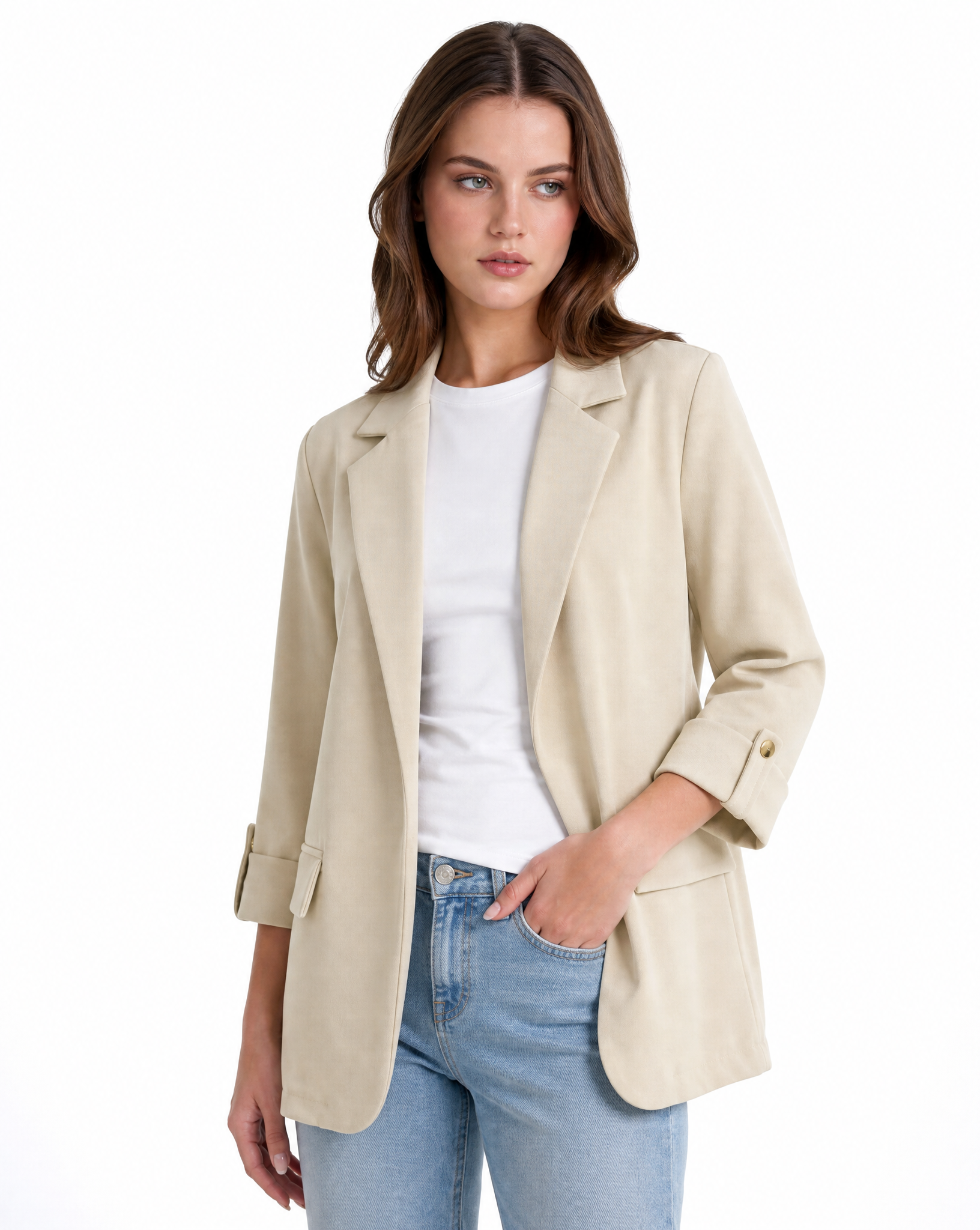 Blazer donna oversize con maniche 3/4 Beige - vista tre quarti con Polly 2