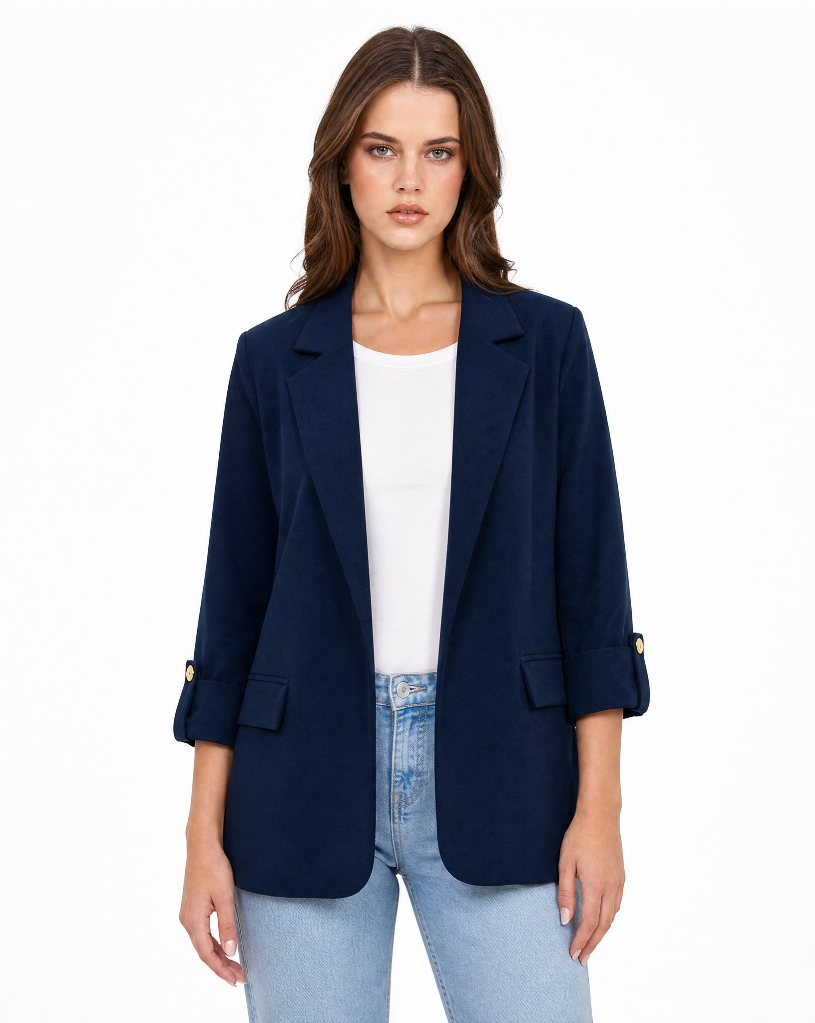 Blazer donna oversize con maniche 3/4 Blu scuro - vista frontale con Polly 2