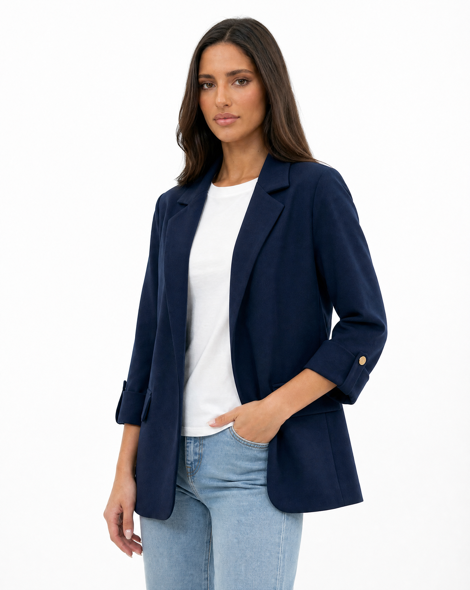 Blazer donna oversize con maniche 3/4 Blu scuro - vista tre quarti con Polly 2