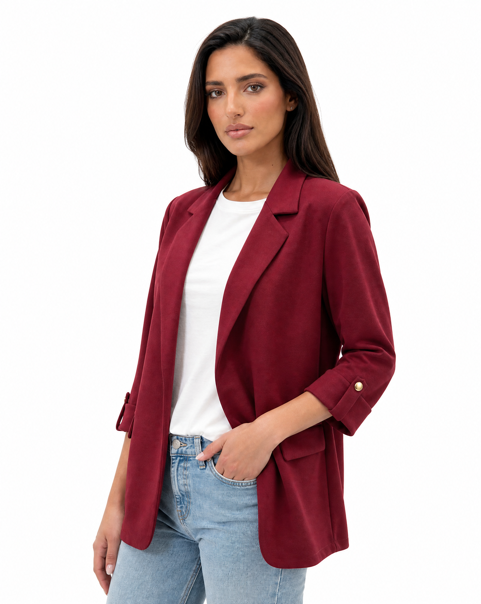 Blazer donna oversize con maniche 3/4 Bordeaux - vista tre quarti con Polly 2
