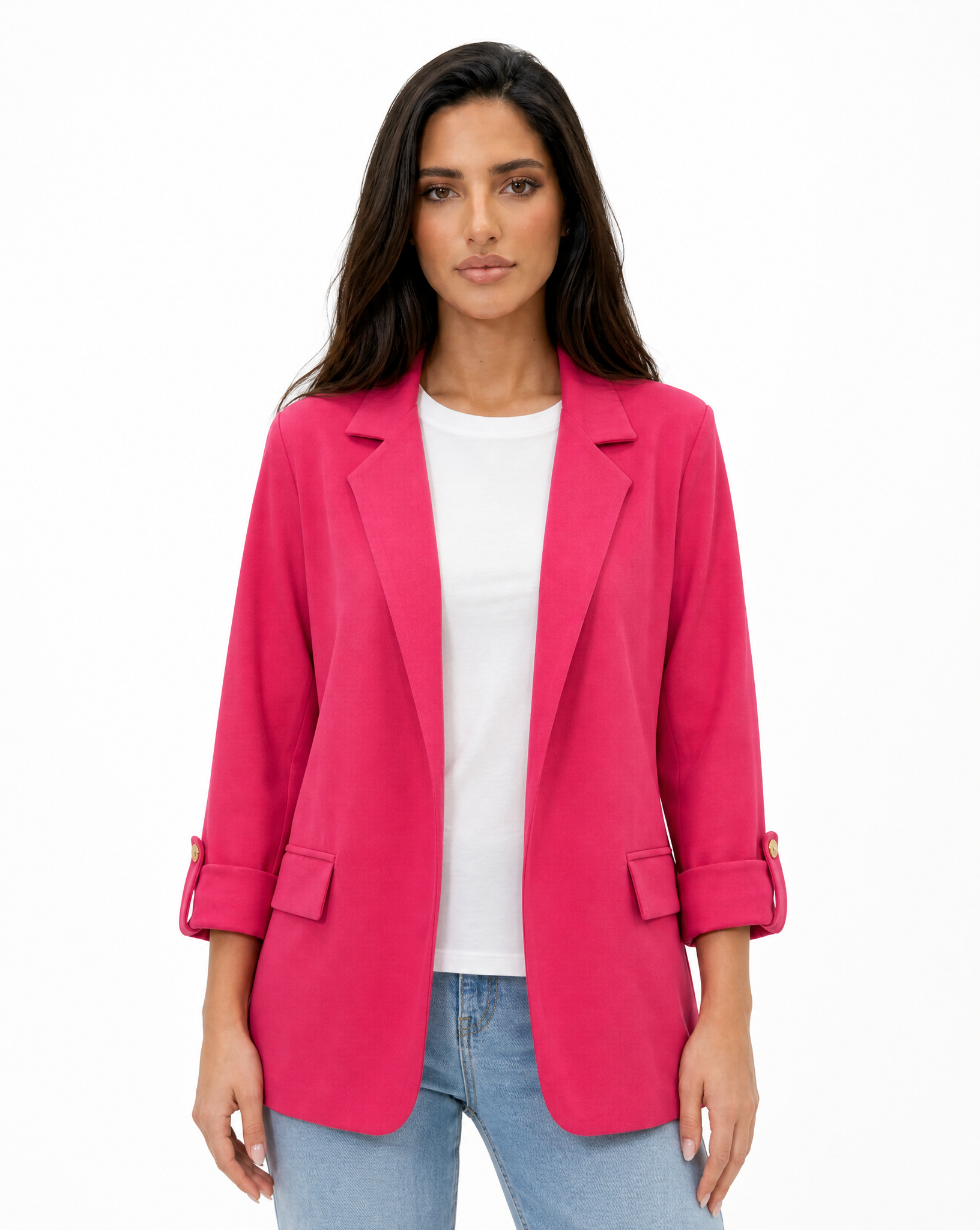 Blazer donna oversize con maniche 3/4 Fucsia - vista frontale con Polly 2