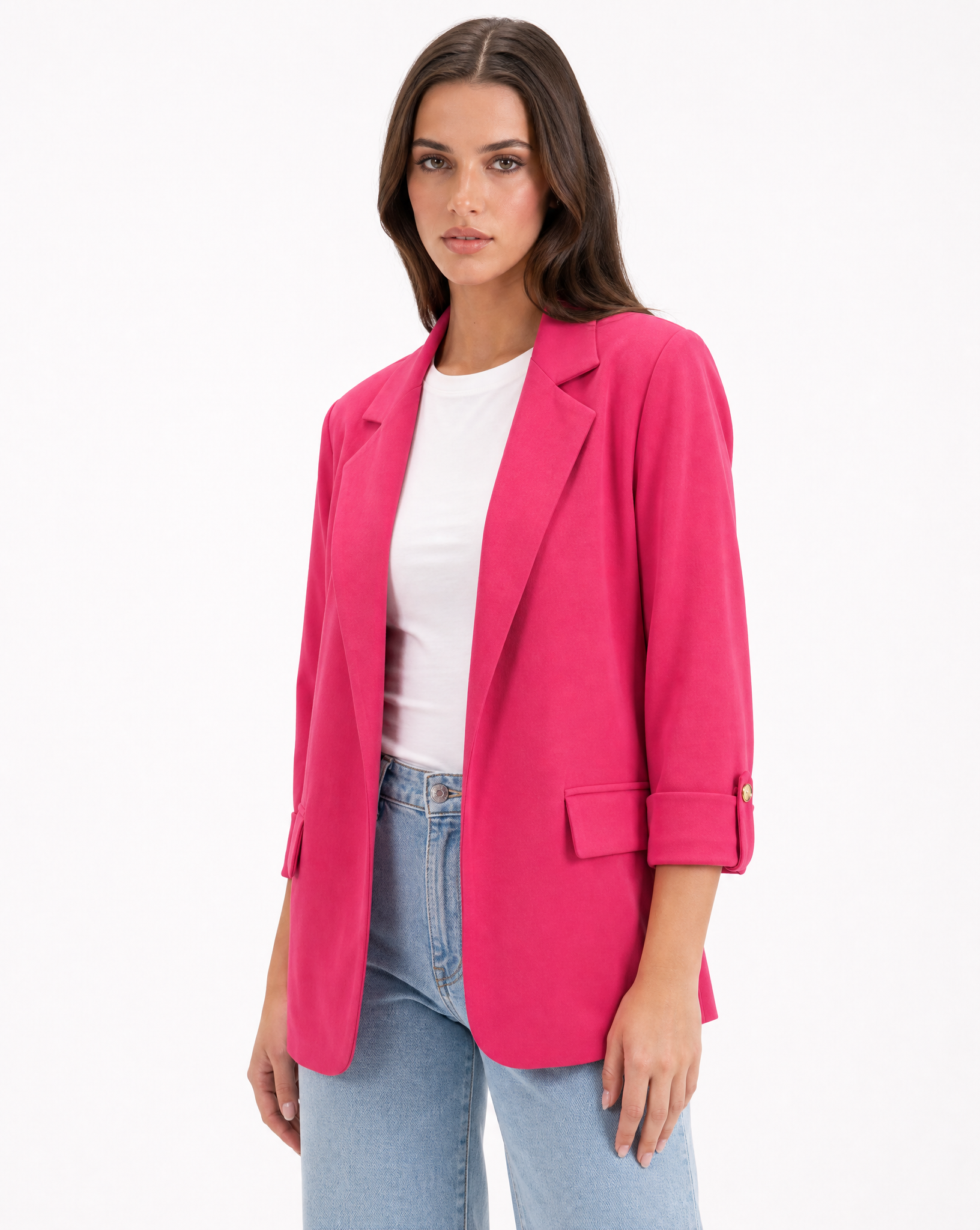 Blazer donna oversize con maniche 3/4 Fucsia - vista tre quarti con Polly 2