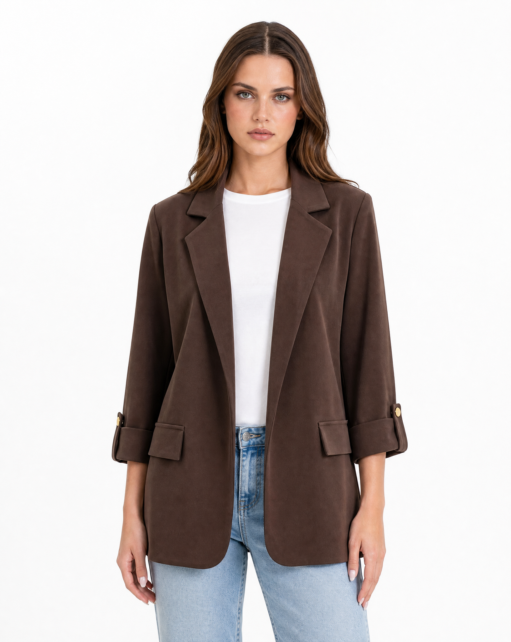 Blazer donna oversize con maniche 3/4 Marrone - vista frontale con Polly 2