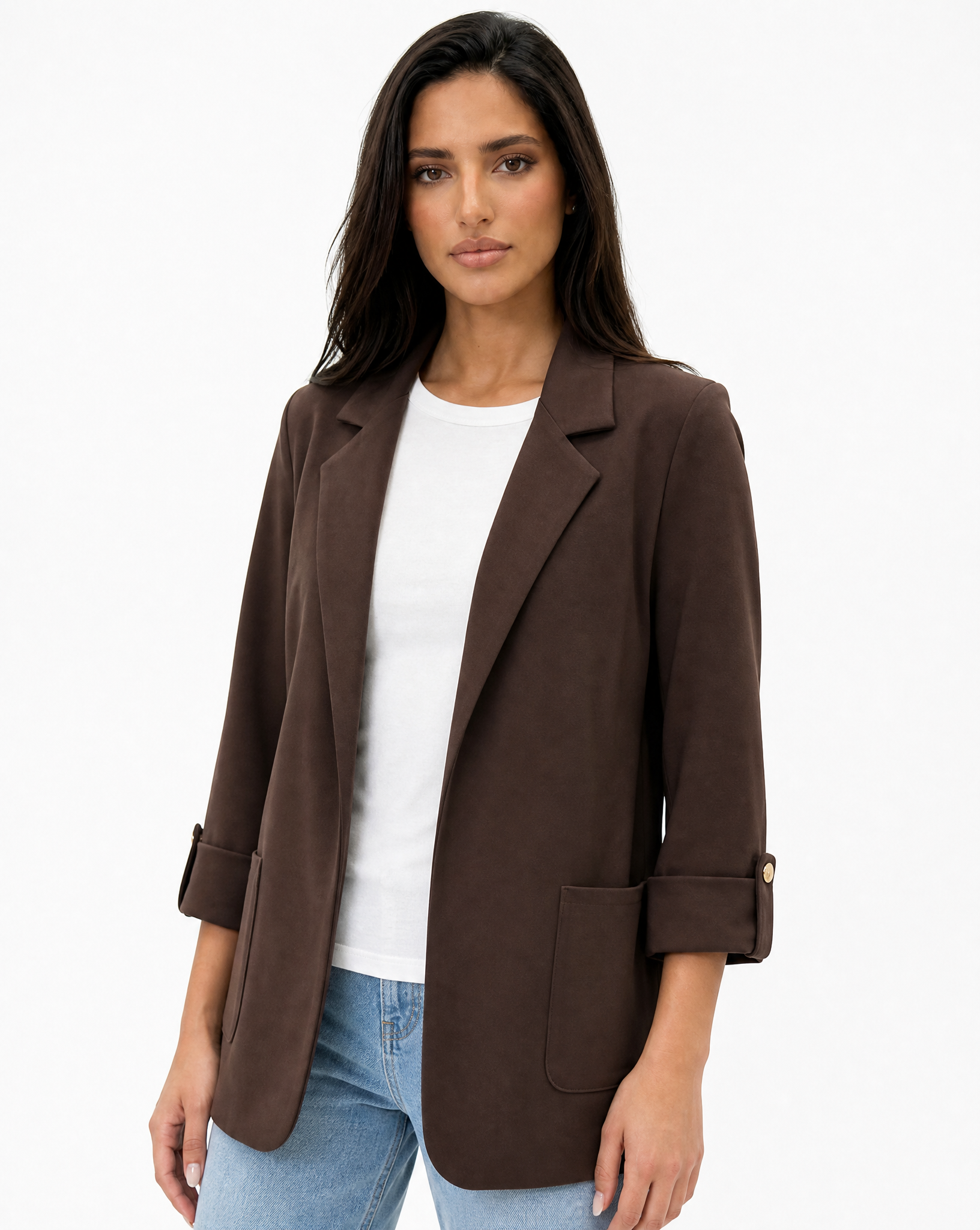 Blazer donna oversize con maniche 3/4 Marrone - vista tre quarti con Polly 2