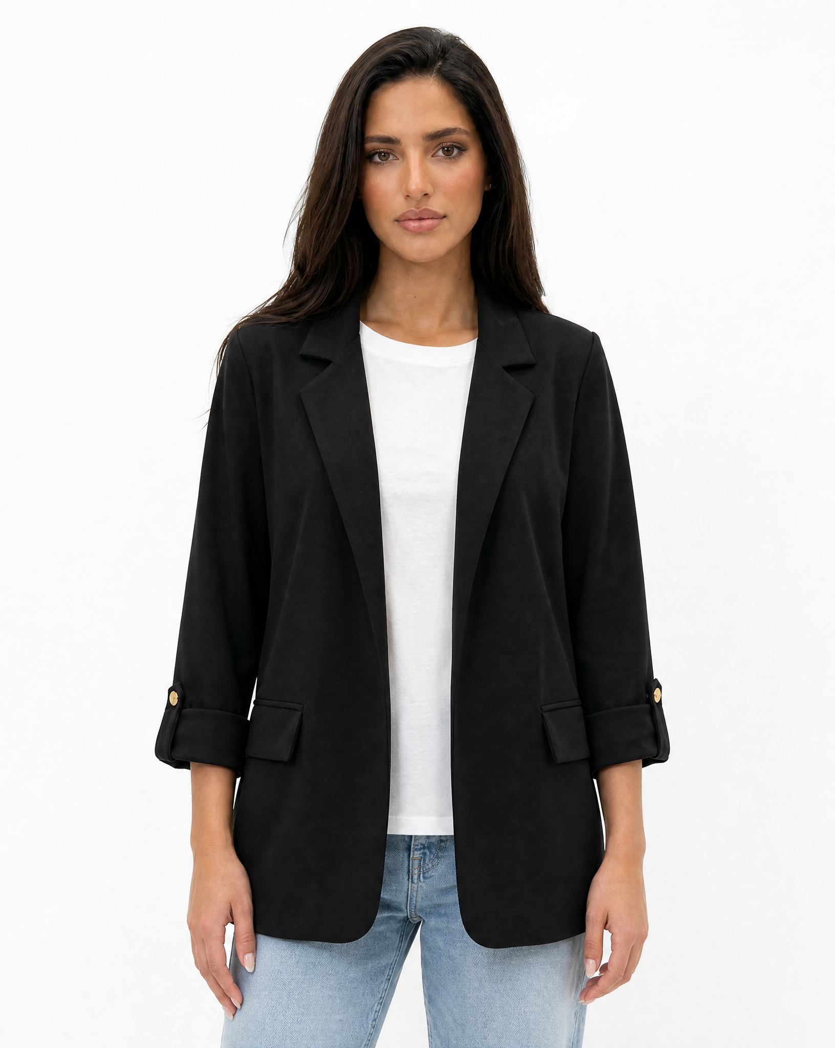 Blazer donna oversize con maniche 3/4 Nero - vista frontale con Polly 2