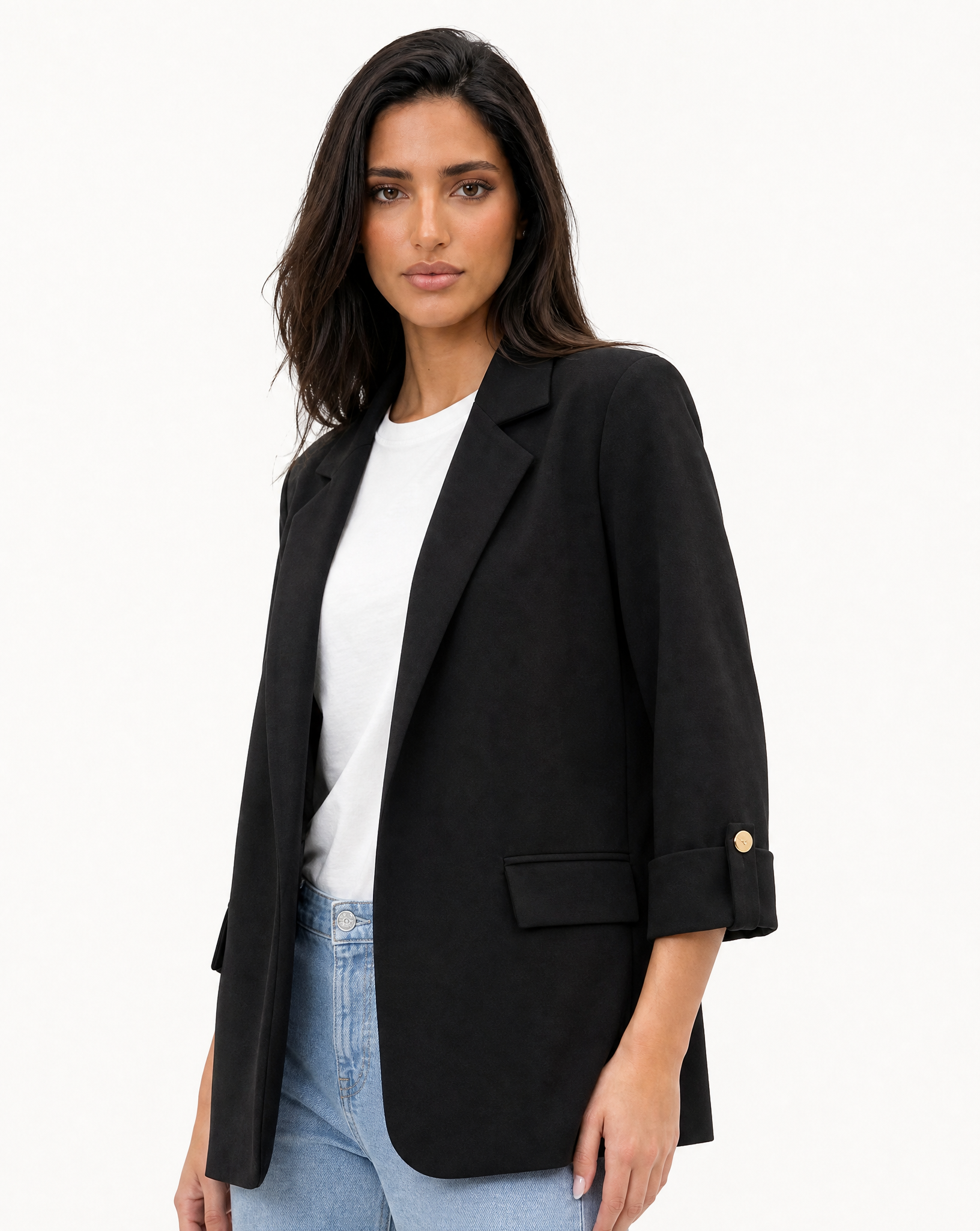 Blazer donna oversize con maniche 3/4 Nero - vista tre quarti con Polly 2