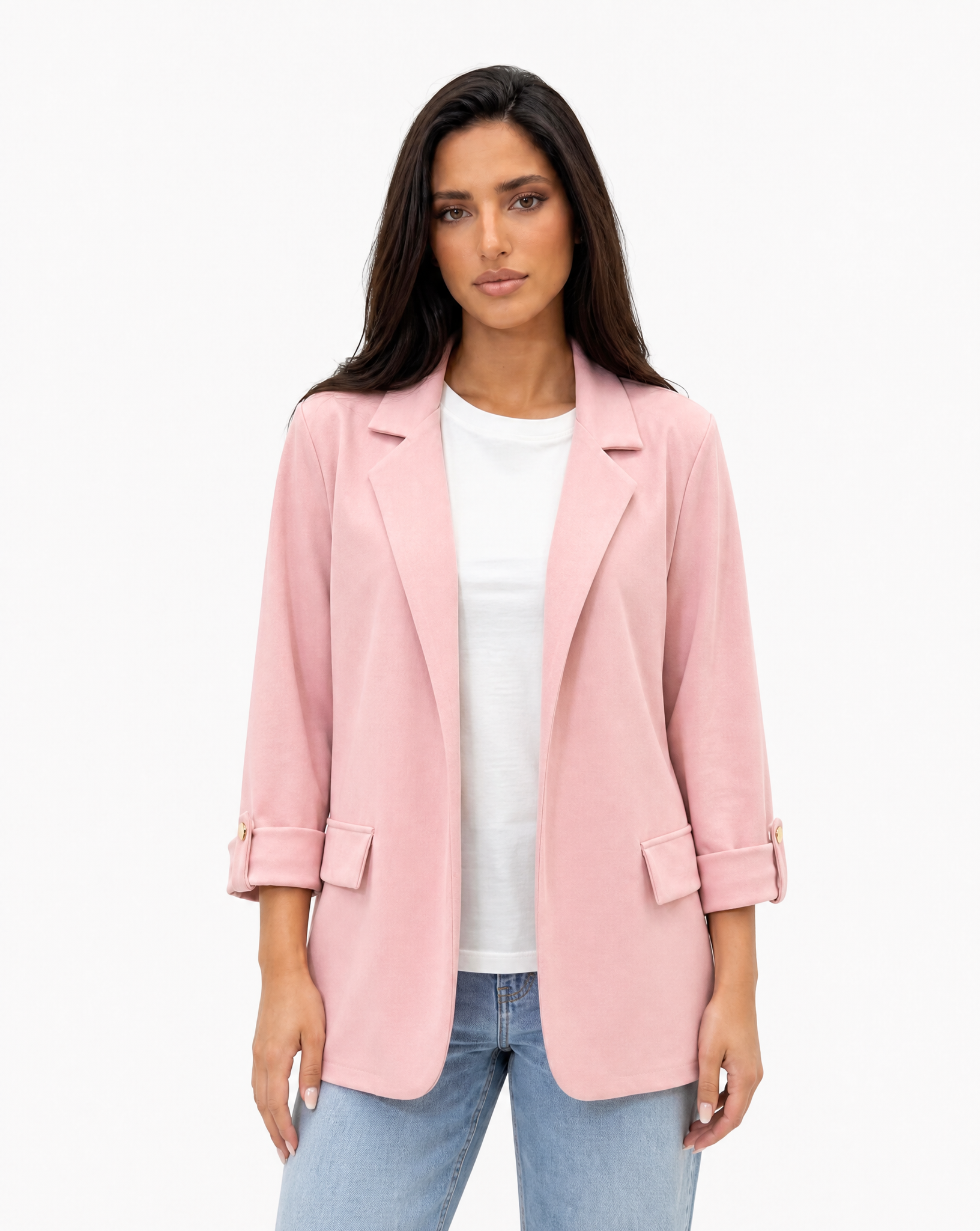 Blazer donna oversize con maniche 3/4 Rosa - vista frontale con Polly 2