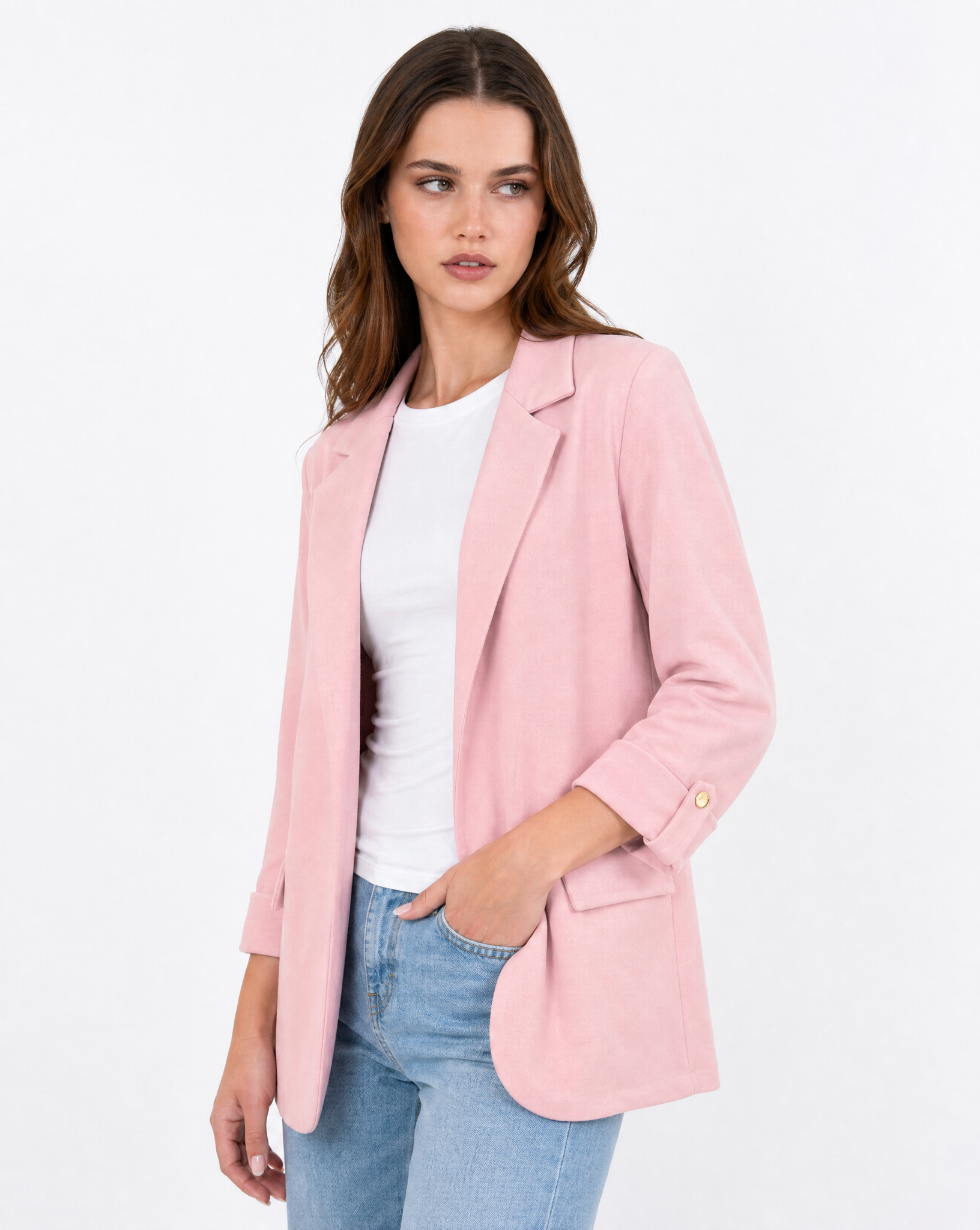 Blazer donna oversize con maniche 3/4 Rosa - vista tre quarti con Polly 2