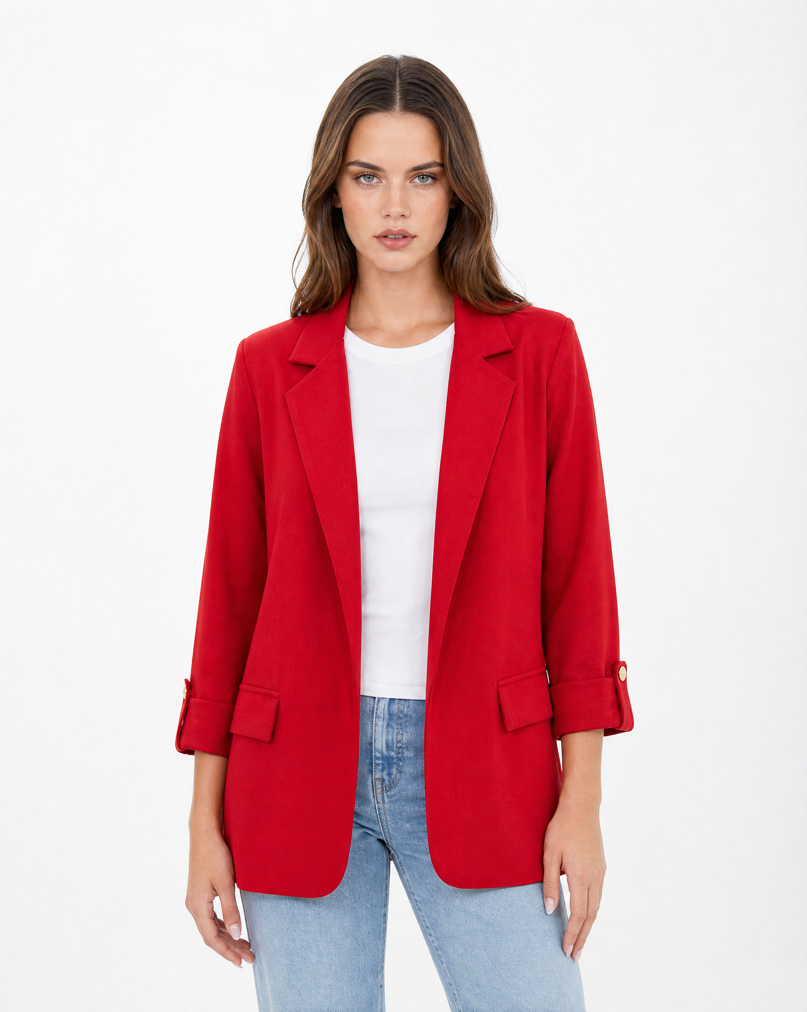 Blazer donna oversize con maniche 3/4 Rosso - vista frontale con Polly 2