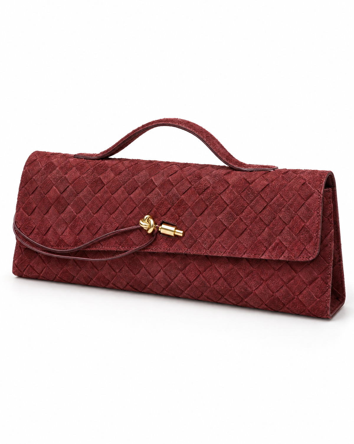 Borsa baguette in vera pelle scamosciata intrecciata bordeaux – vista trequarti