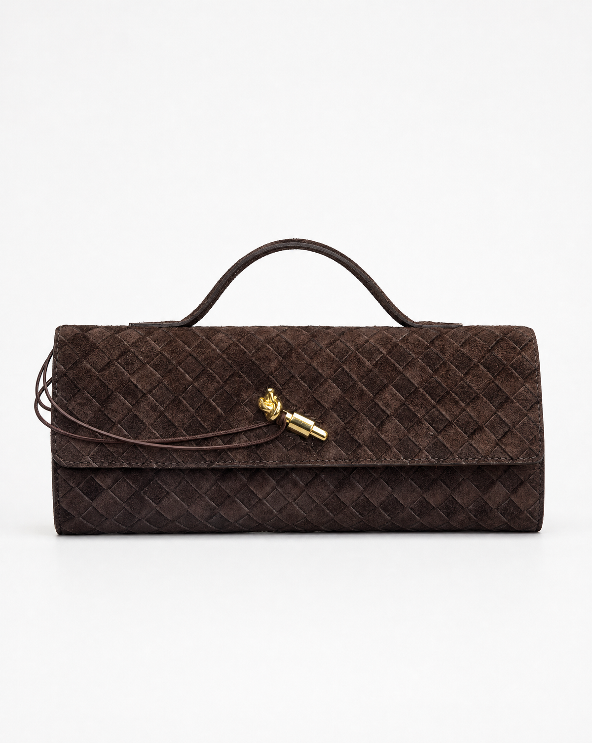 Borsa baguette in vera pelle scamosciata intrecciata marrone – vista fronte