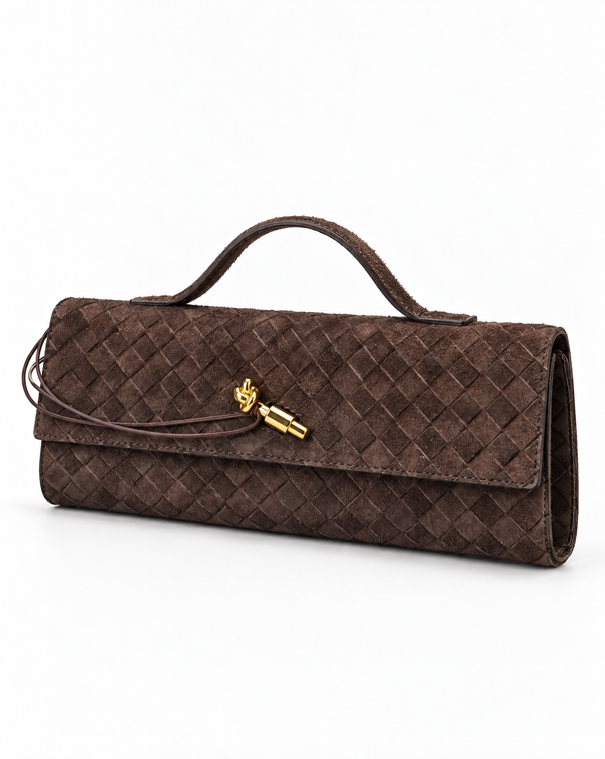 Borsa baguette in vera pelle scamosciata intrecciata marrone – vista trequarti