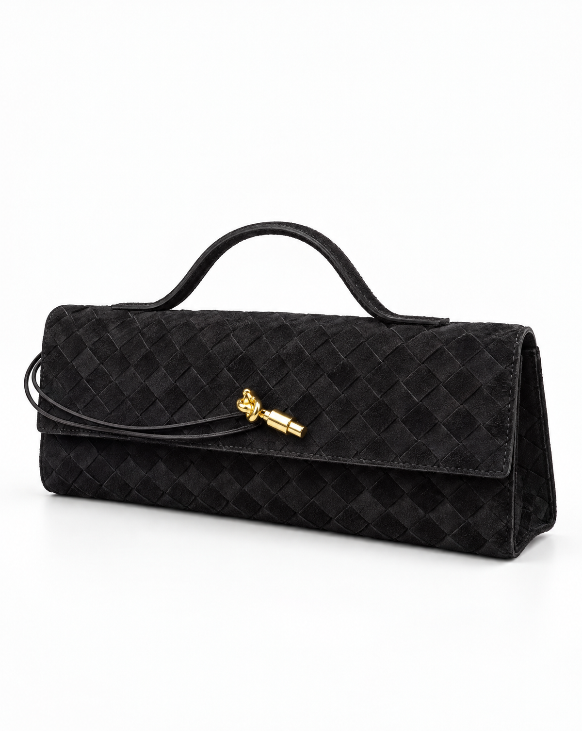 Borsa baguette in vera pelle scamosciata intrecciata nero – vista trequarti