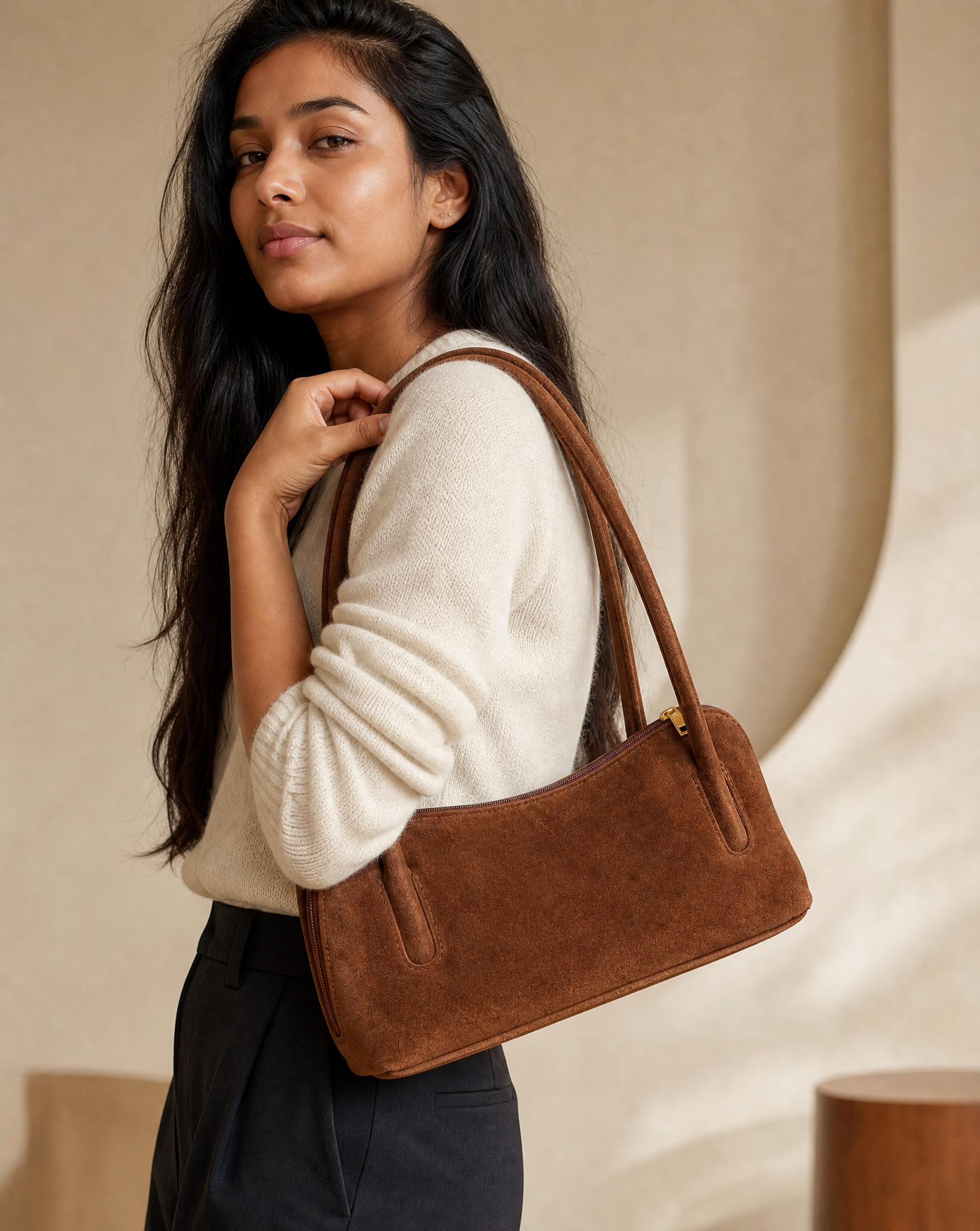 Borsa baguette donna in vera pelle scamosciata color cuoio indossata