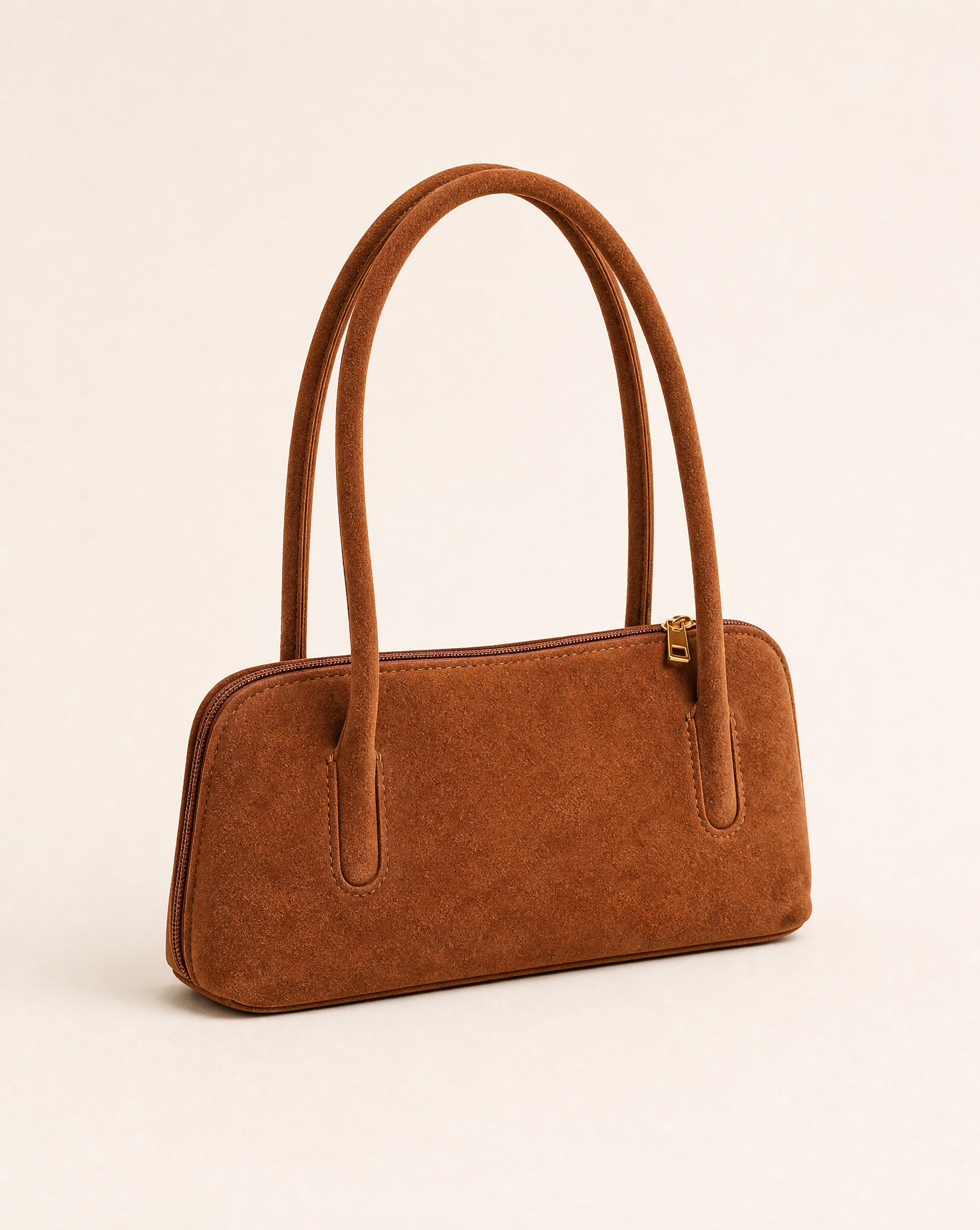 Borsa baguette donna in vera pelle scamosciata color cuoio, foto singola tre quarti